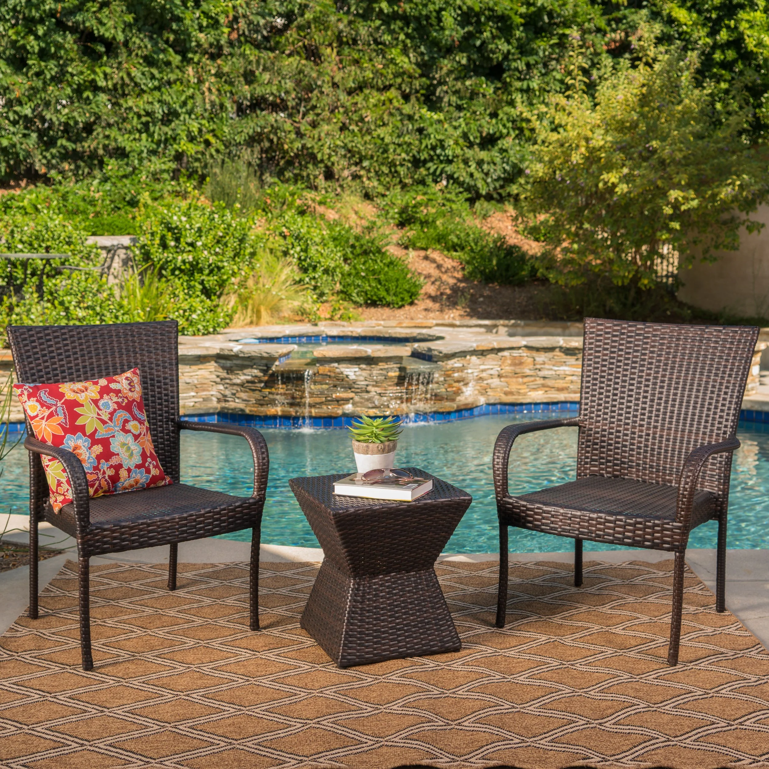 Bakerville Outdoor 3 Piece Multi-Brown Wicker Chat Set with Stacking Chairs - furnishings