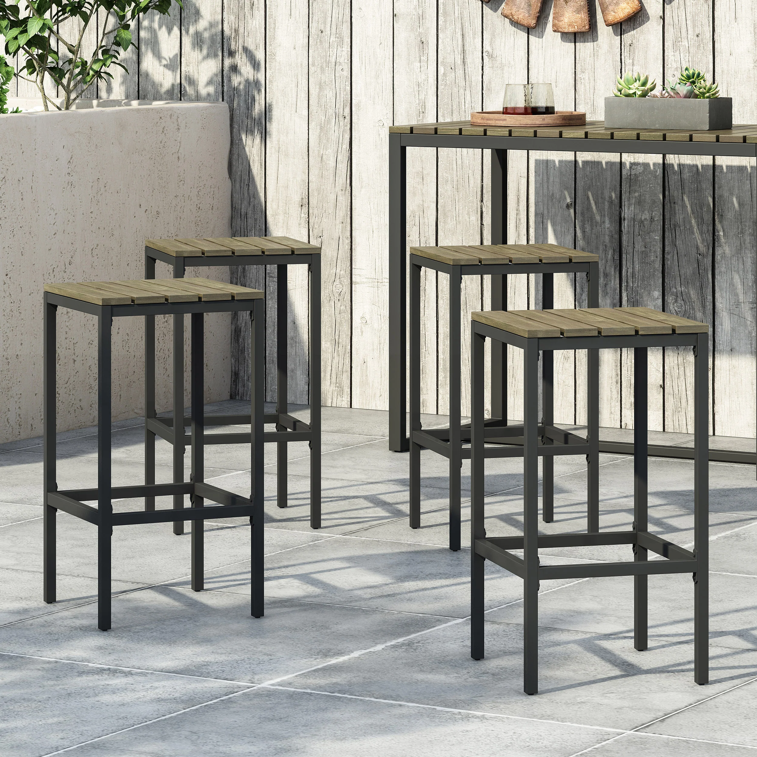 Arath Outdoor Modern Industrial Acacia Wood Bar Stools (Set of 4) - furnishings