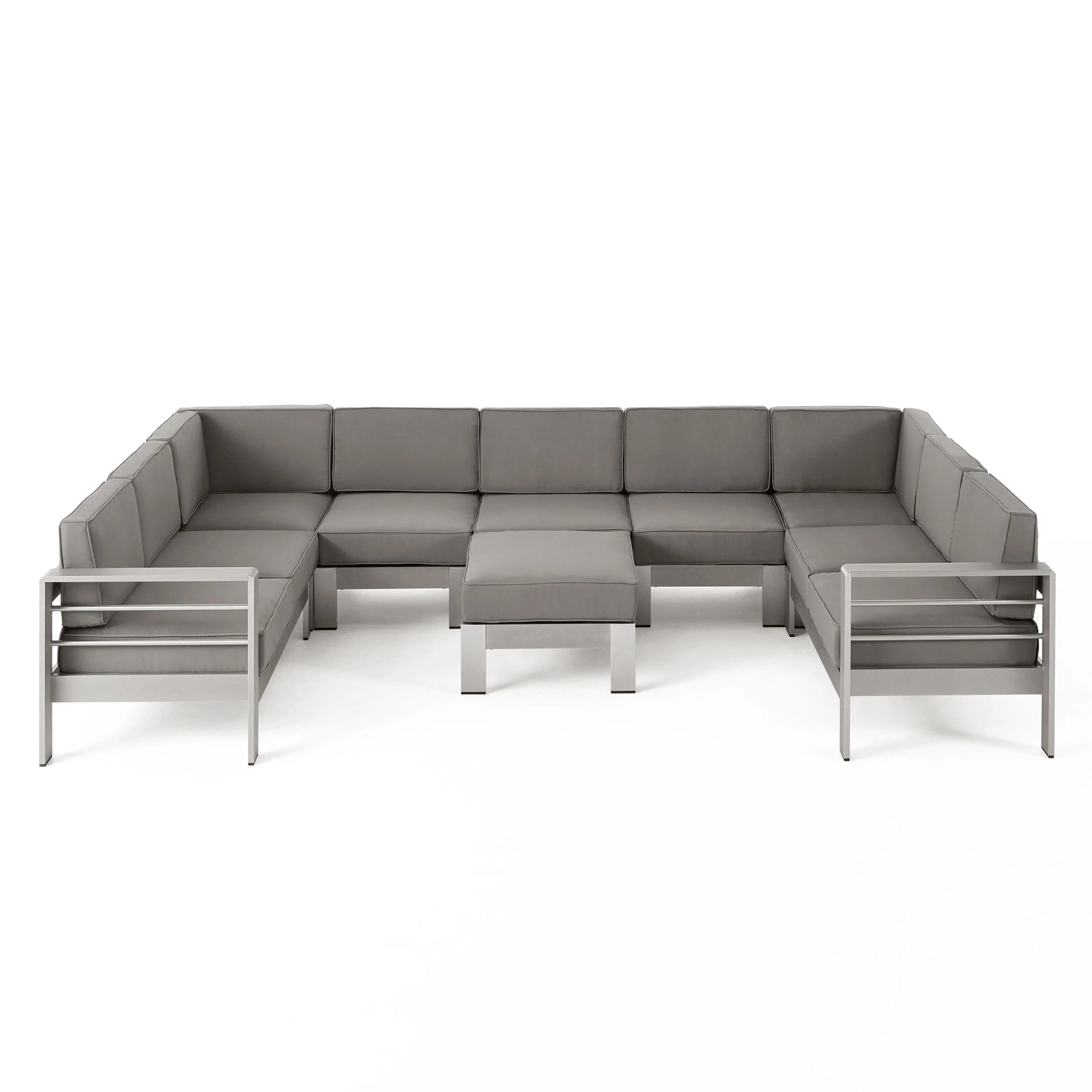 Laura Outdoor Modern 9 Seater Aluminum U-Shaped Sofa Sectional Set with Ottoman, Silver and Khaki - furnishings