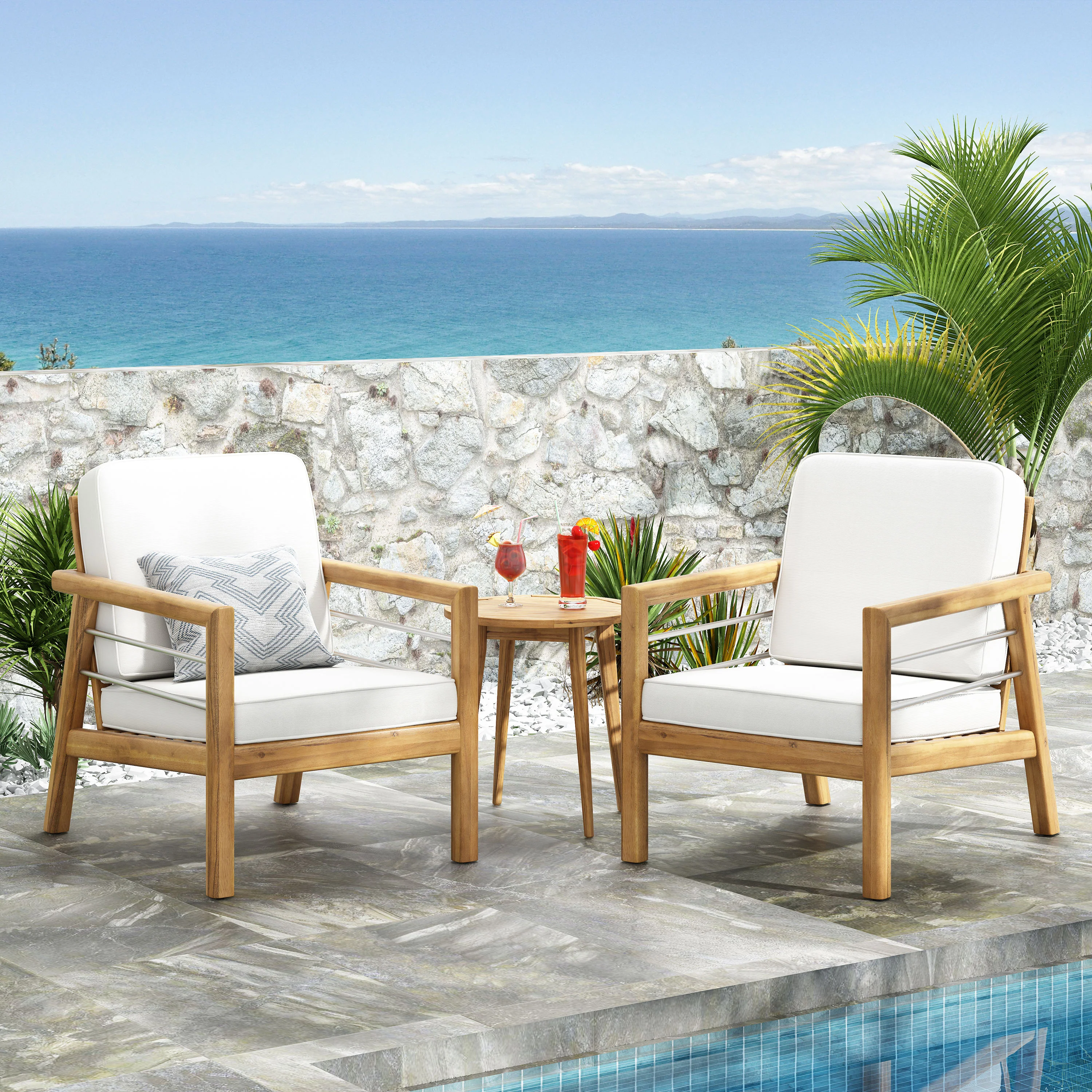 Lindsey Outdoor Acacia Wood Club Chairs with Cushions, Set of 2, Beige and Teak - furnishings