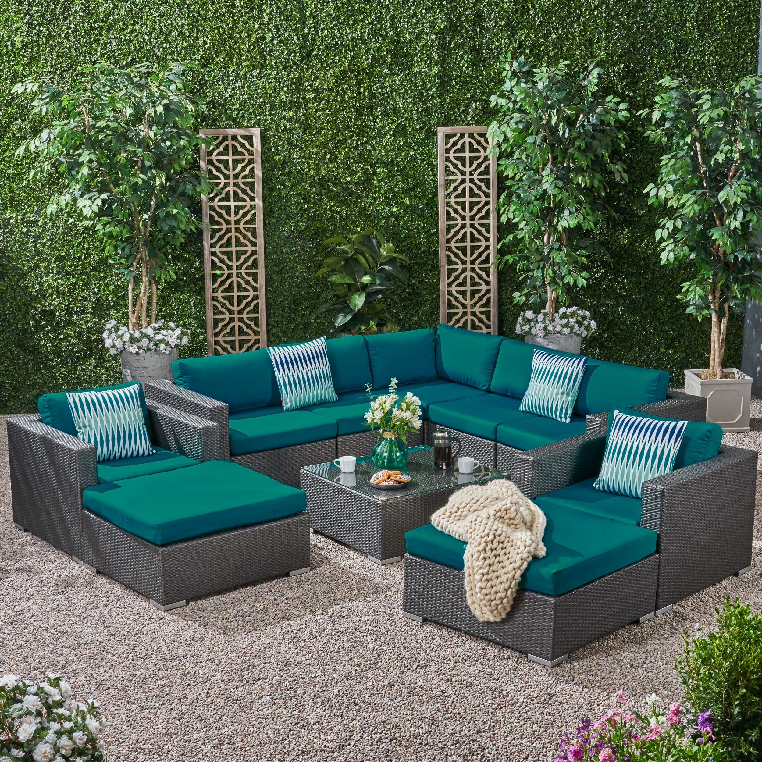 Kyra Outdoor 7 Seater Wicker Sectional Sofa Set with Sunbrella Cushions - furnishings