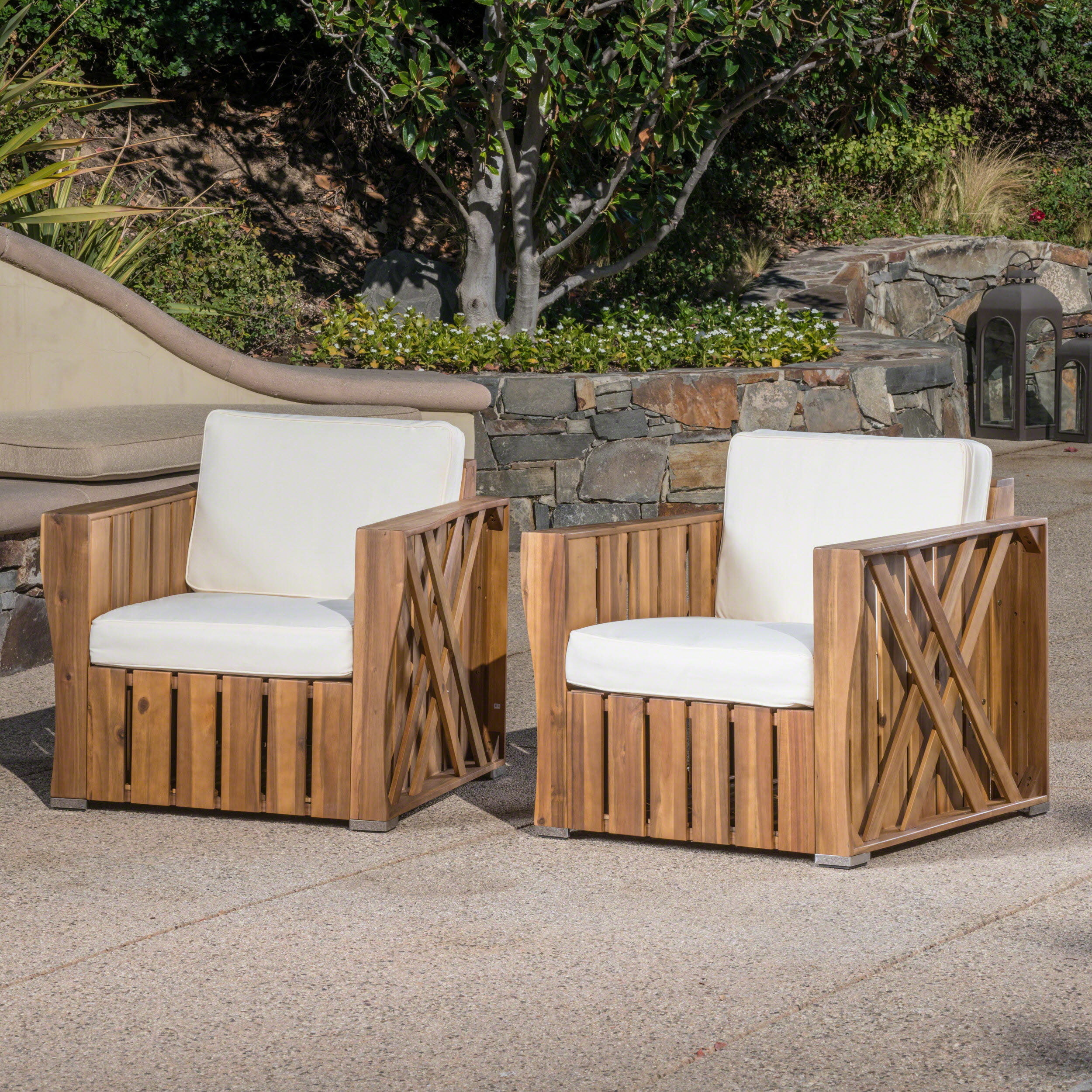 Edward Outdoor Acacia Wood Club Chairs with Water Resistant Cushions (Set of 2) - furnishings
