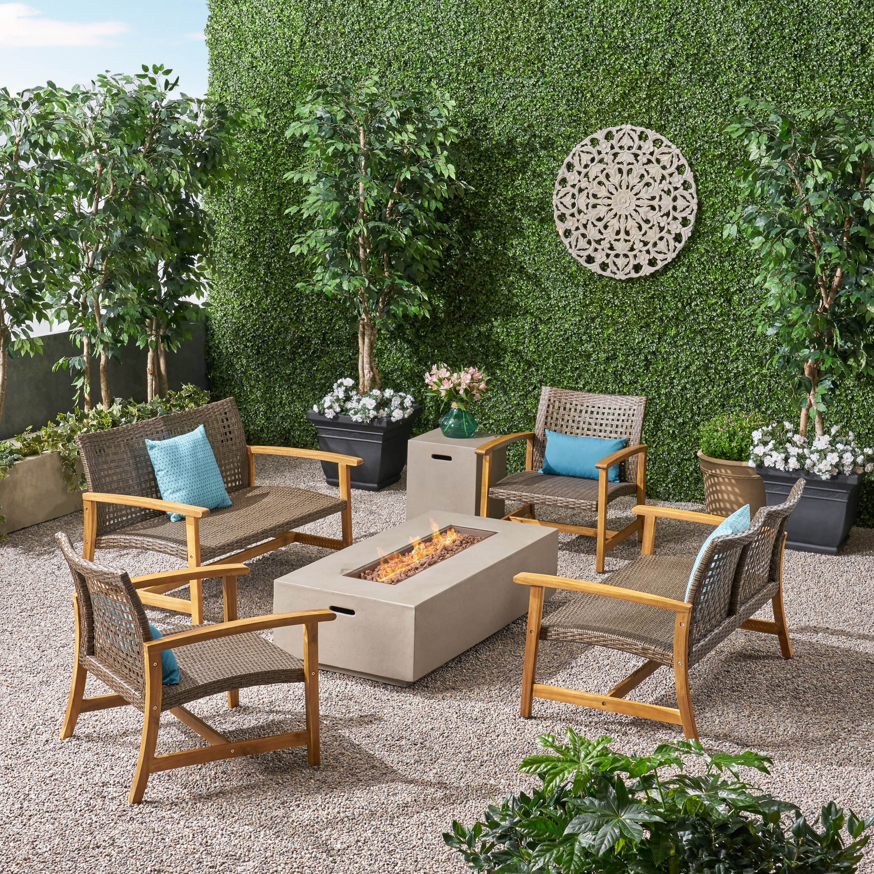 Tabby Outdoor 6 Seater Wood and Wicker Chat Set with Fire Pit - furnishings
