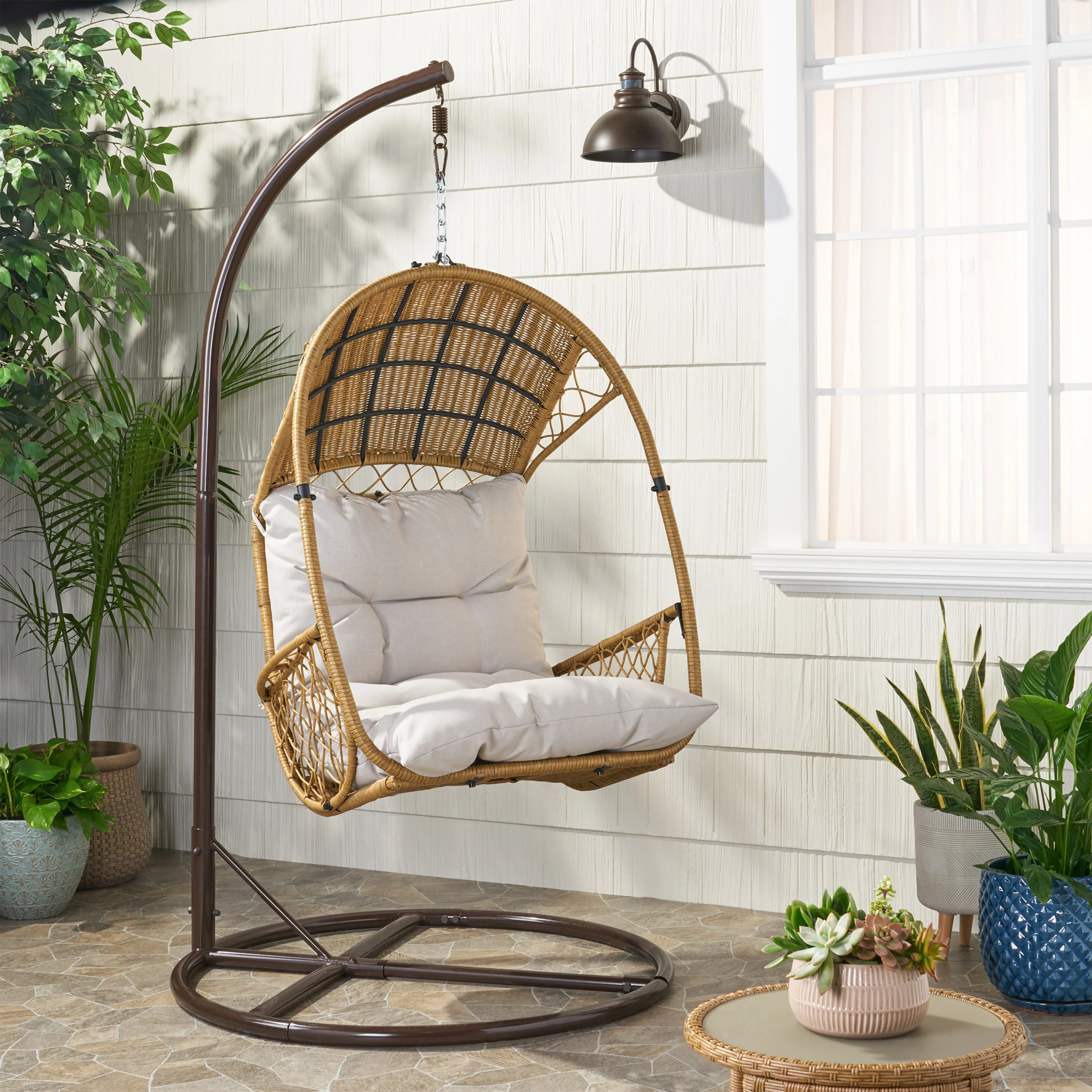 Primo Outdoor Wicker Hanging Basket Egg Chair with Stand - furnishings