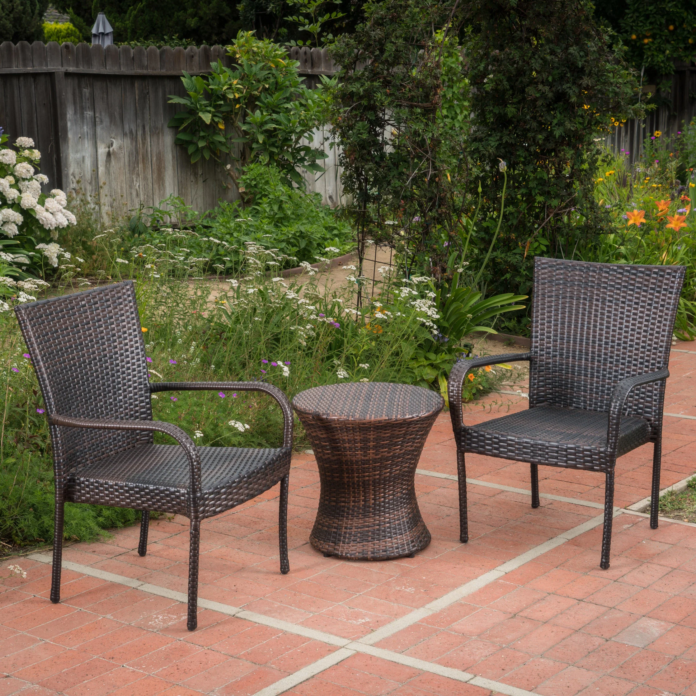 Parham Outdoor 3 Piece Multi-brown Wicker Stacking Chair Chat Set - furnishings