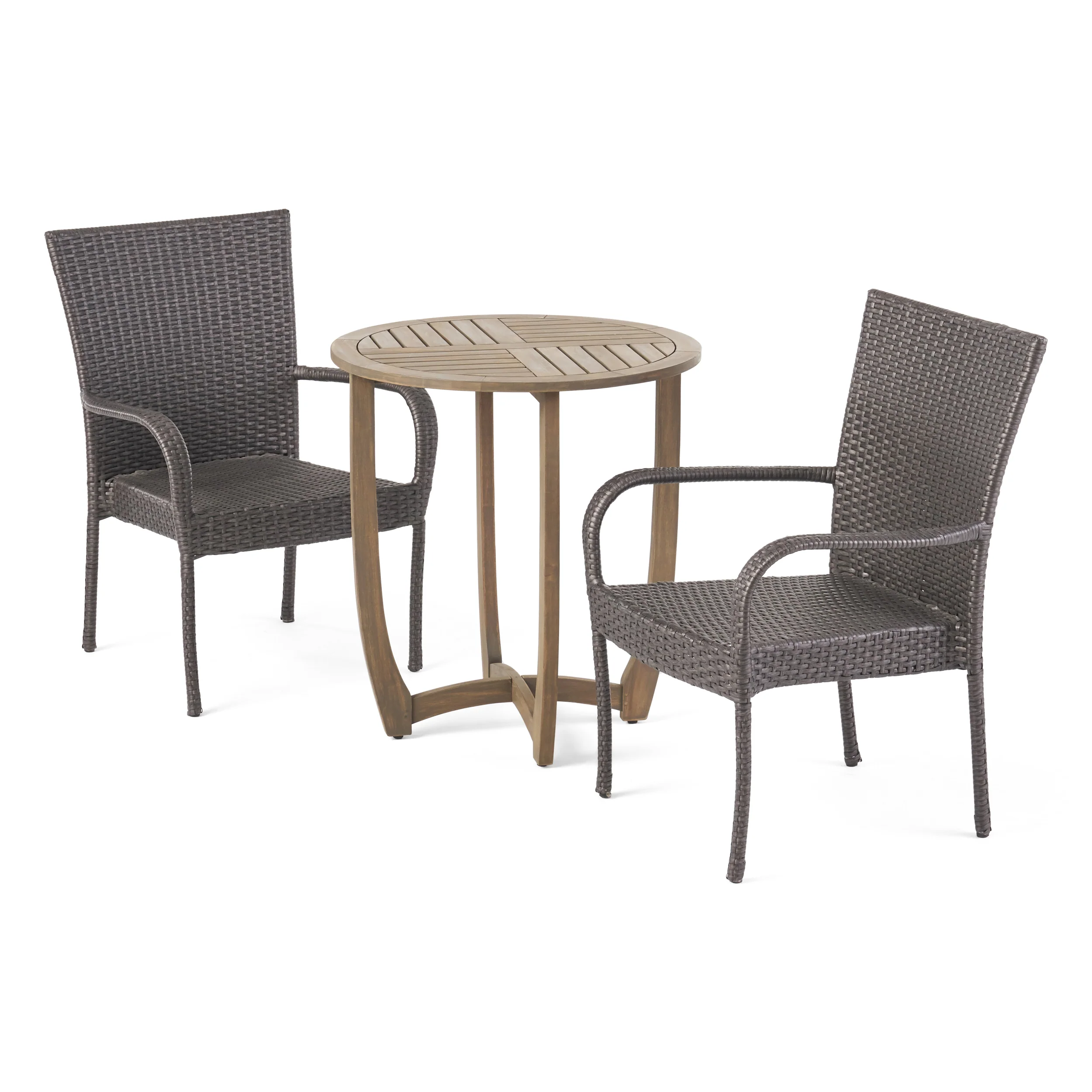 Jared Outdoor 3 Piece Wood and Wicker Bistro Set, Gray and Gray - furnishings