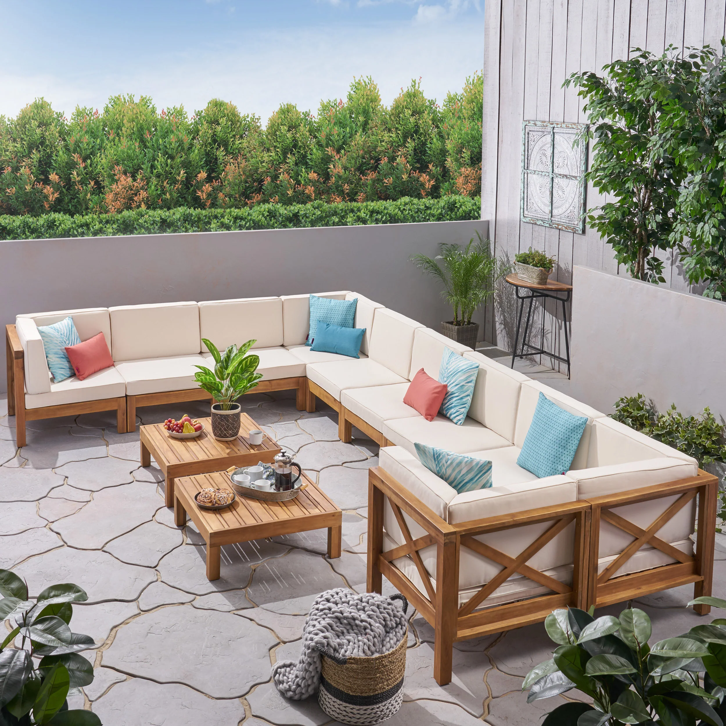 Cynthia Outdoor Acacia Wood 10 Seater U-Shaped Sectional Sofa Set with Two Coffee Tables - furnishings