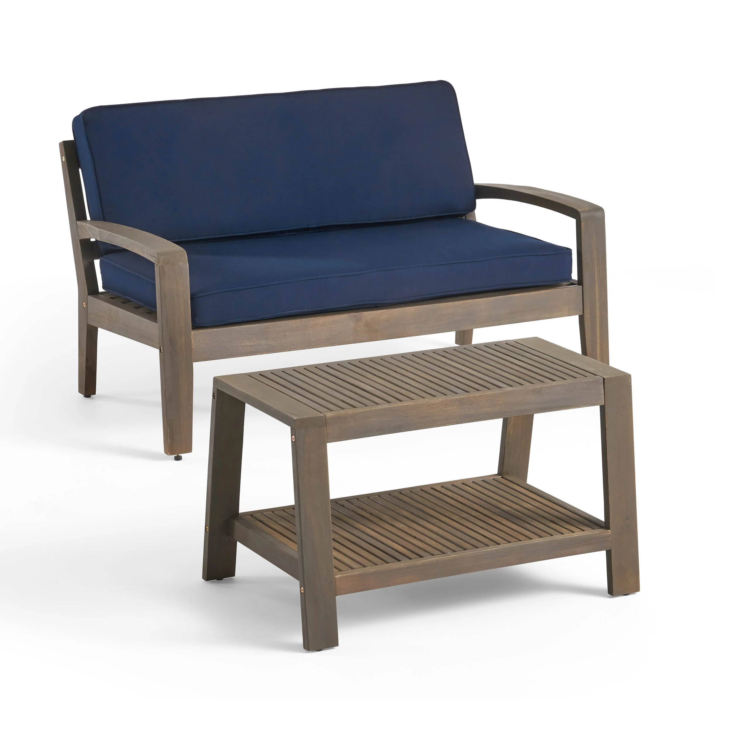 Parma Outdoor Acacia Wood Loveseat and Coffee Table Set with Sunbrella Cushions - furnishings
