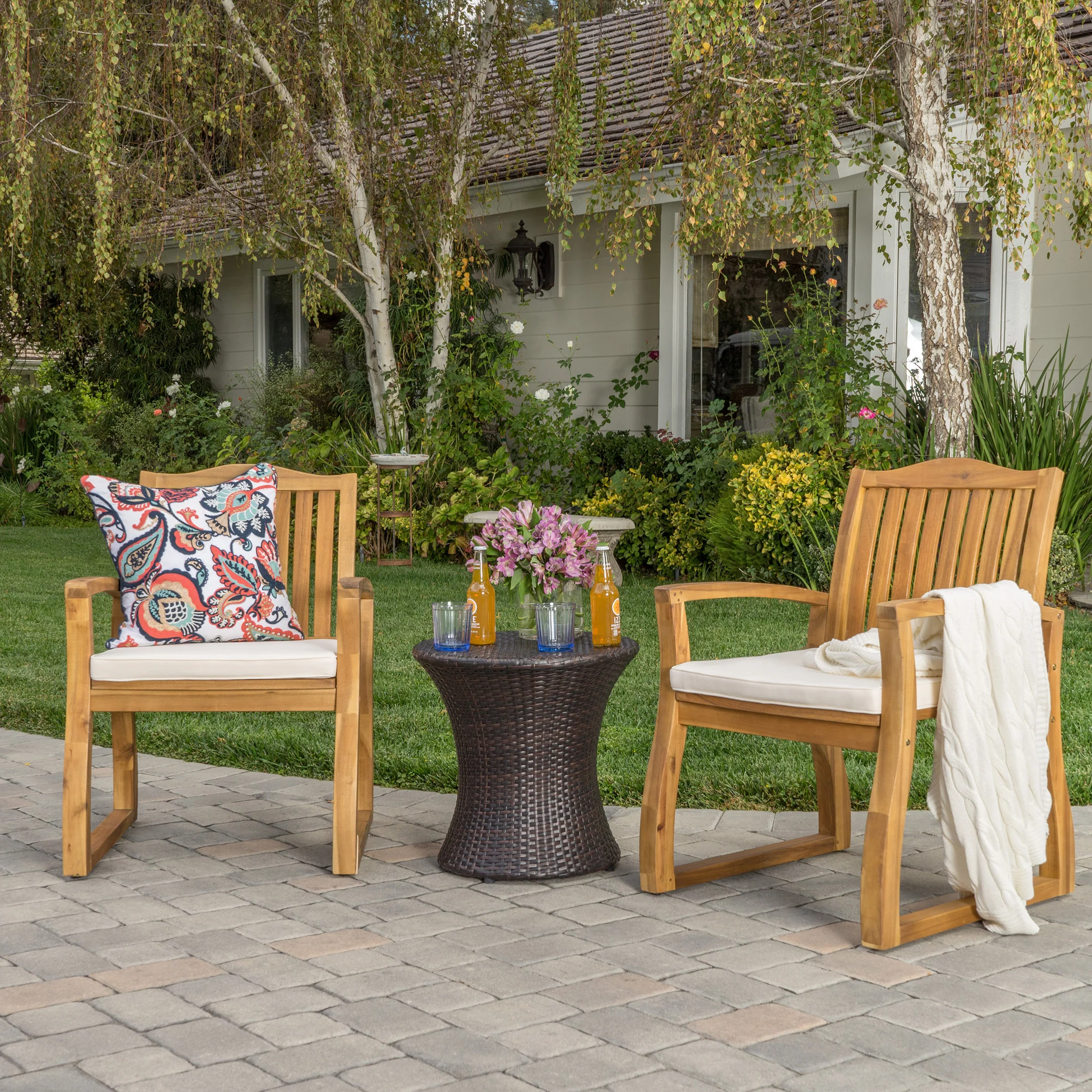 Malibu Outdoor Acacia Wood 3 Piece Chat Set with Wicker Table - furnishings