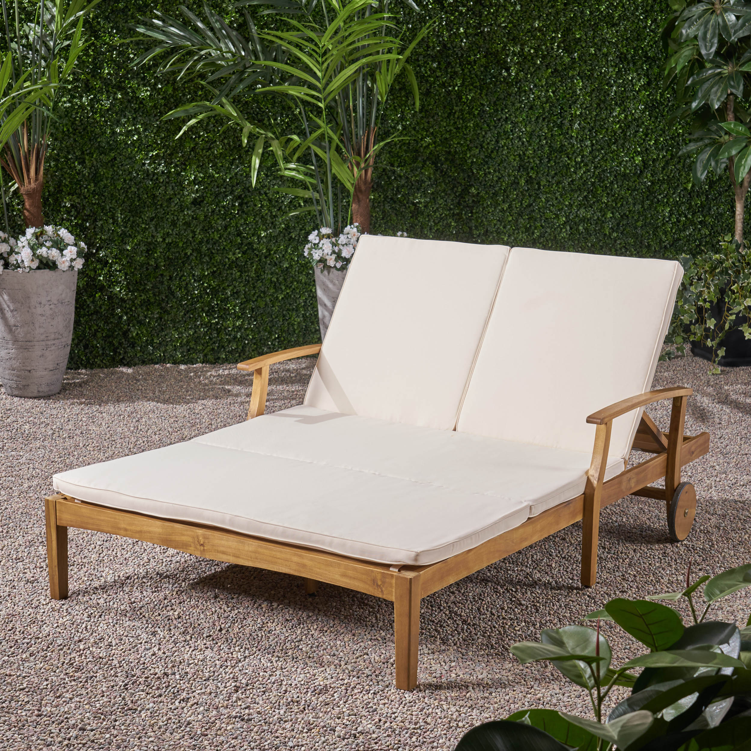 Samantha Double Chaise Lounge for Yard and Patio, Acacia Wood Frame - furnishings