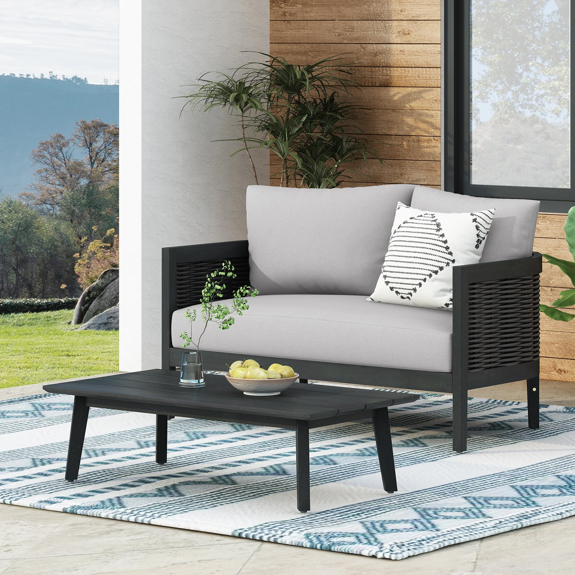 Ridgea Wood and Wicker Patio Conversation Set with Light Grey Cushions, Set of 2 - furnishings