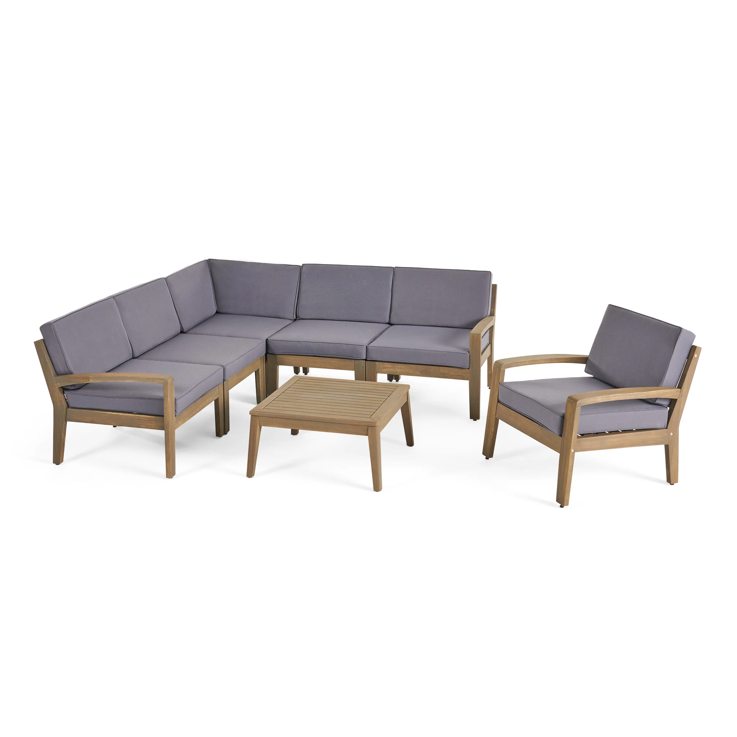 Giselle Outdoor Acacia Wood 6 Seater Sectional Sofa and Club Chair Set with Coffee Table - furnishings