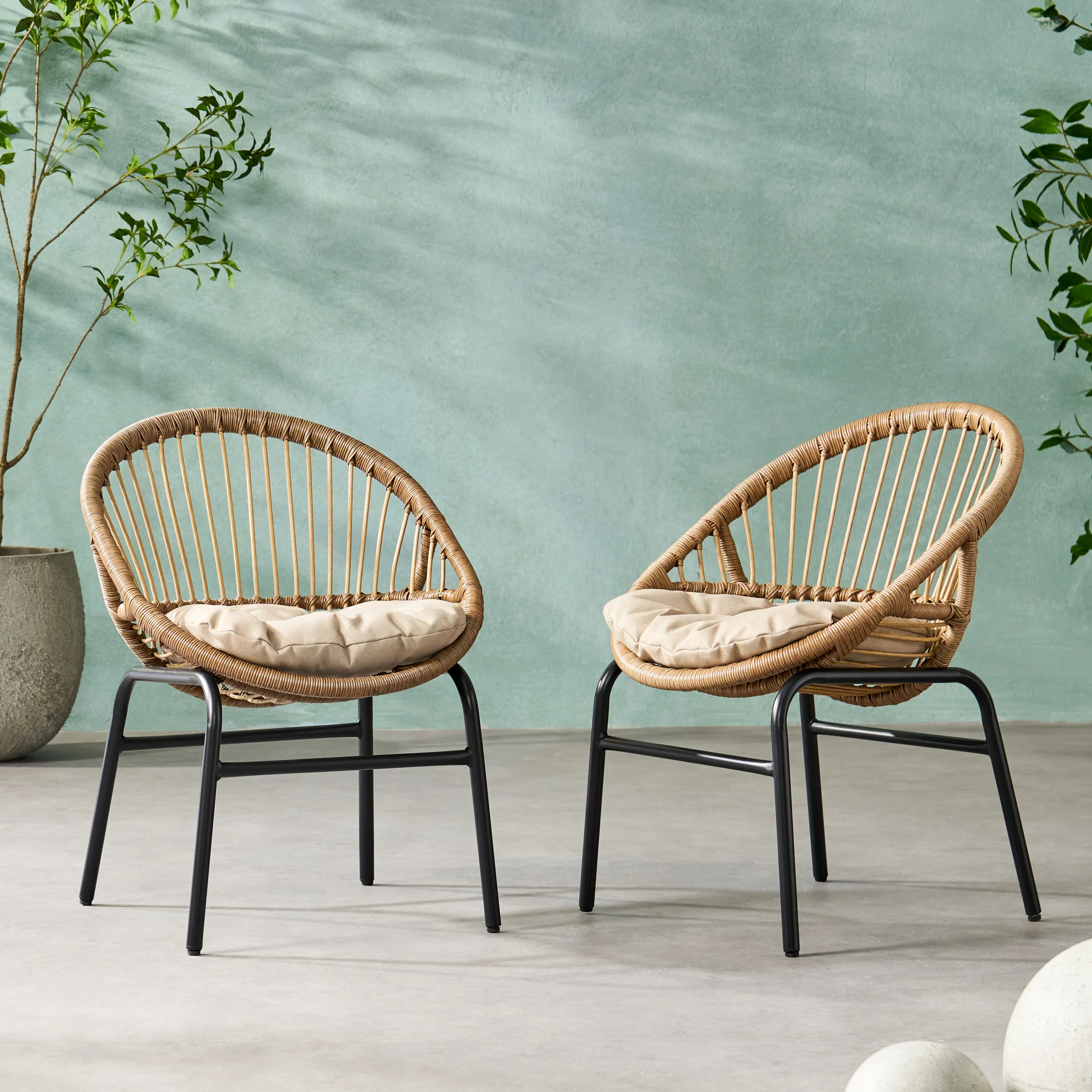 Dero Outdoor Wicker Dining Chairs with Cushion, Set of 2, Light Brown and Beige - furnishings
