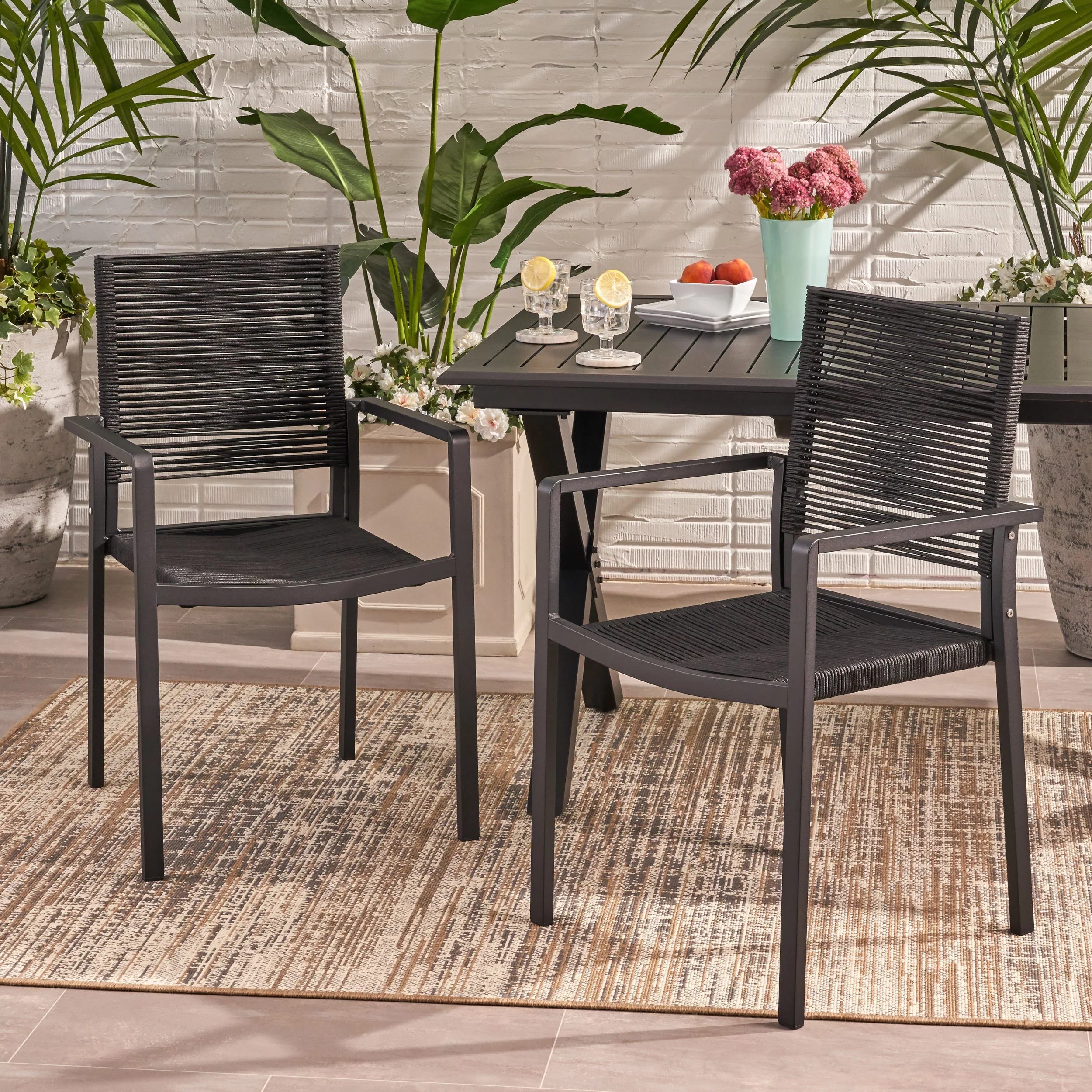 Lillian Outdoor Modern Aluminum Dining Chair with Rope Seat (Set of 2) - furnishings