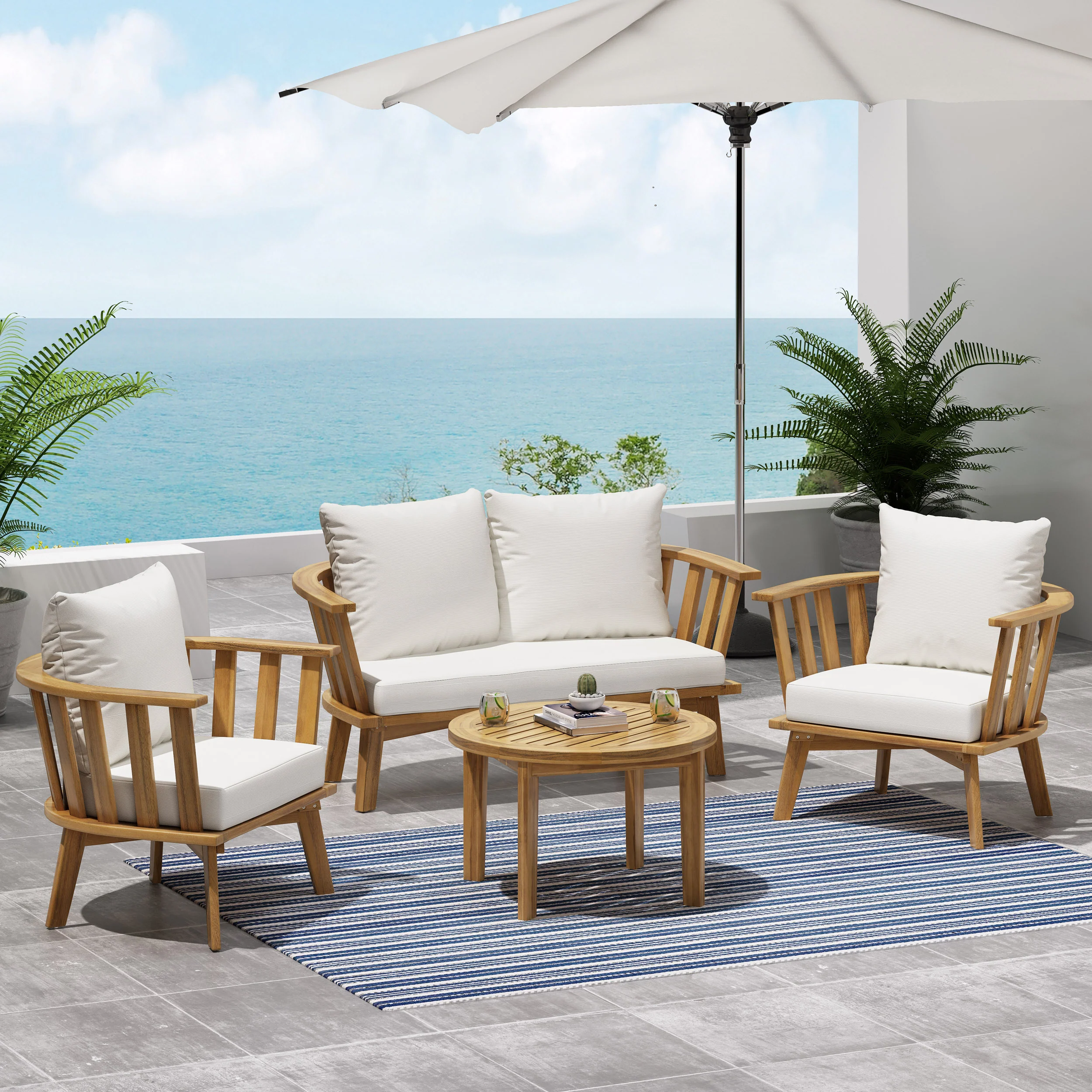 Laiah Outdoor Wooden Chat Set with Round Coffee Table - furnishings