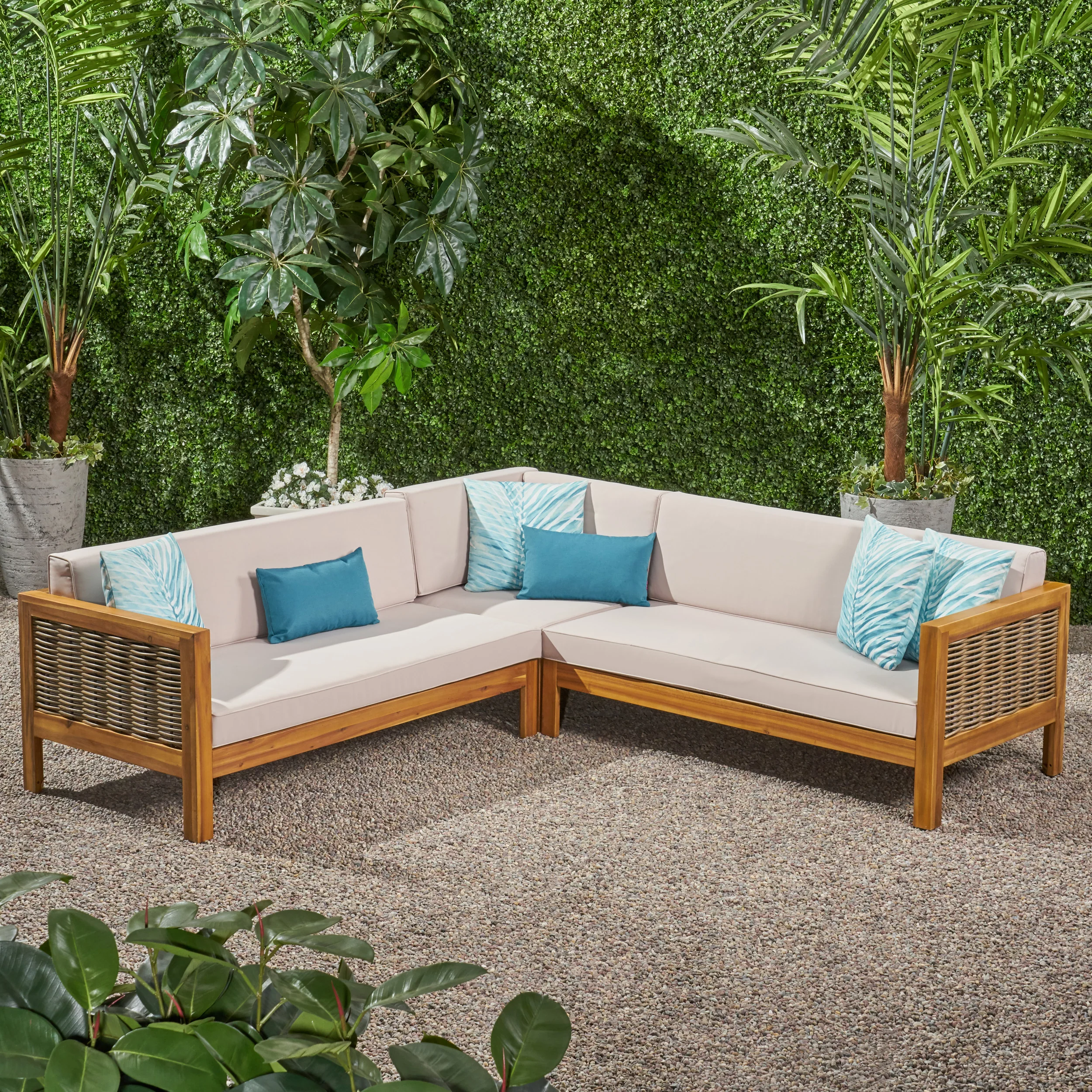 Theresa Outdoor Wood and Wicker 5 Seater Sectional Sofa Set - furnishings
