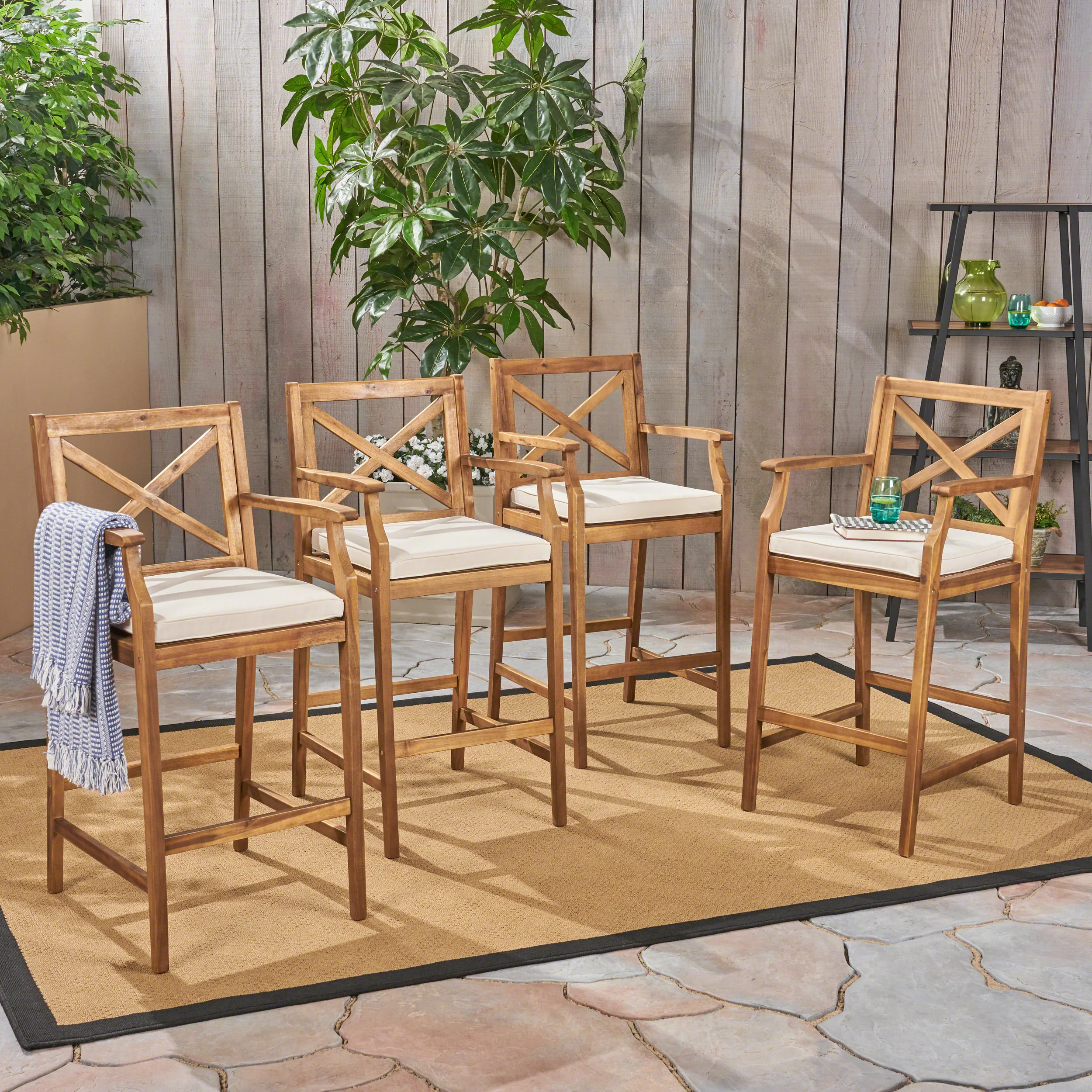 Doric Outdoor Rustic Acacia Wood Barstools with Cushions (Set of 4) - furnishings