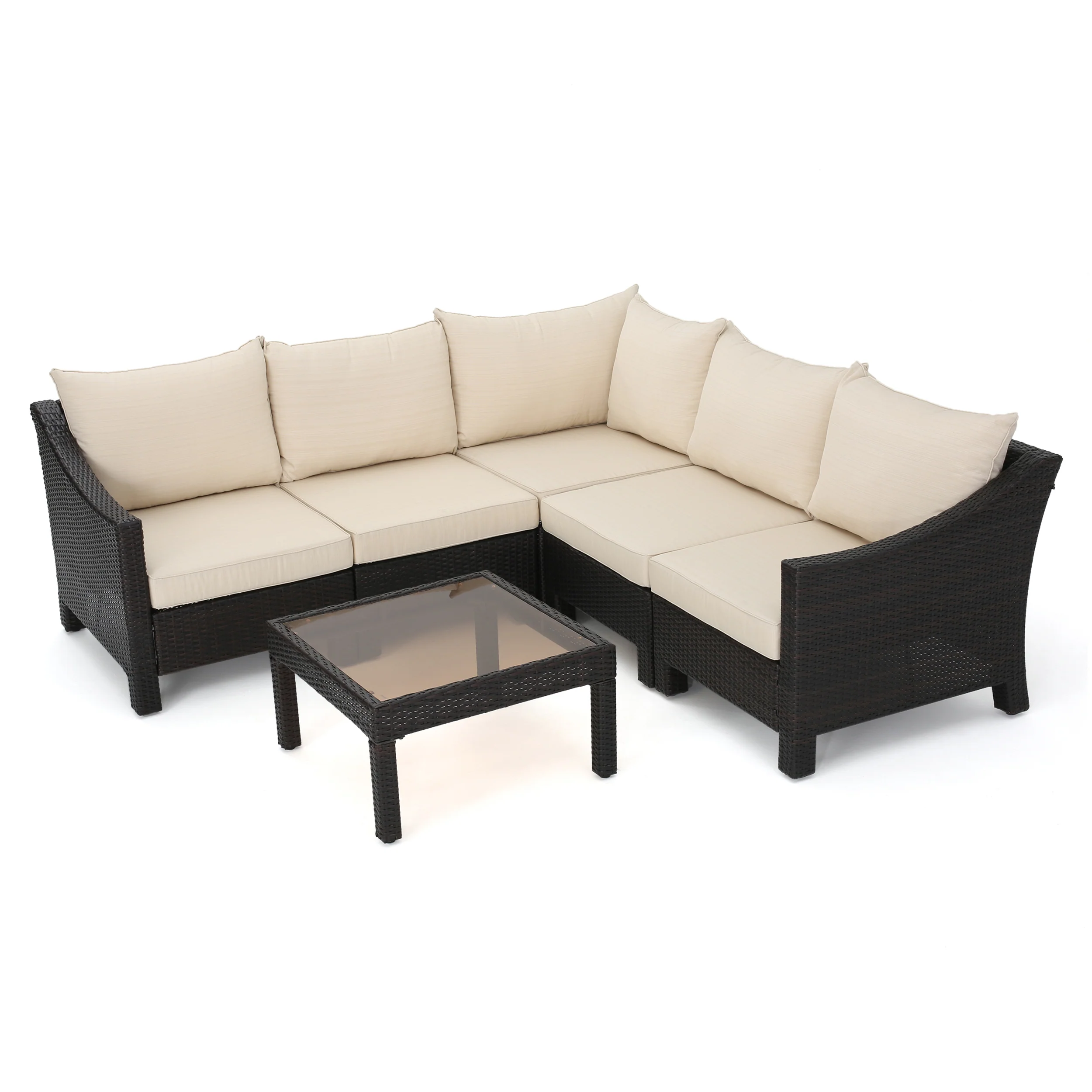 Caspian 6pc Outdoor Wicker V-shaped Sectional Sofa Set w/ Cushions - furnishings