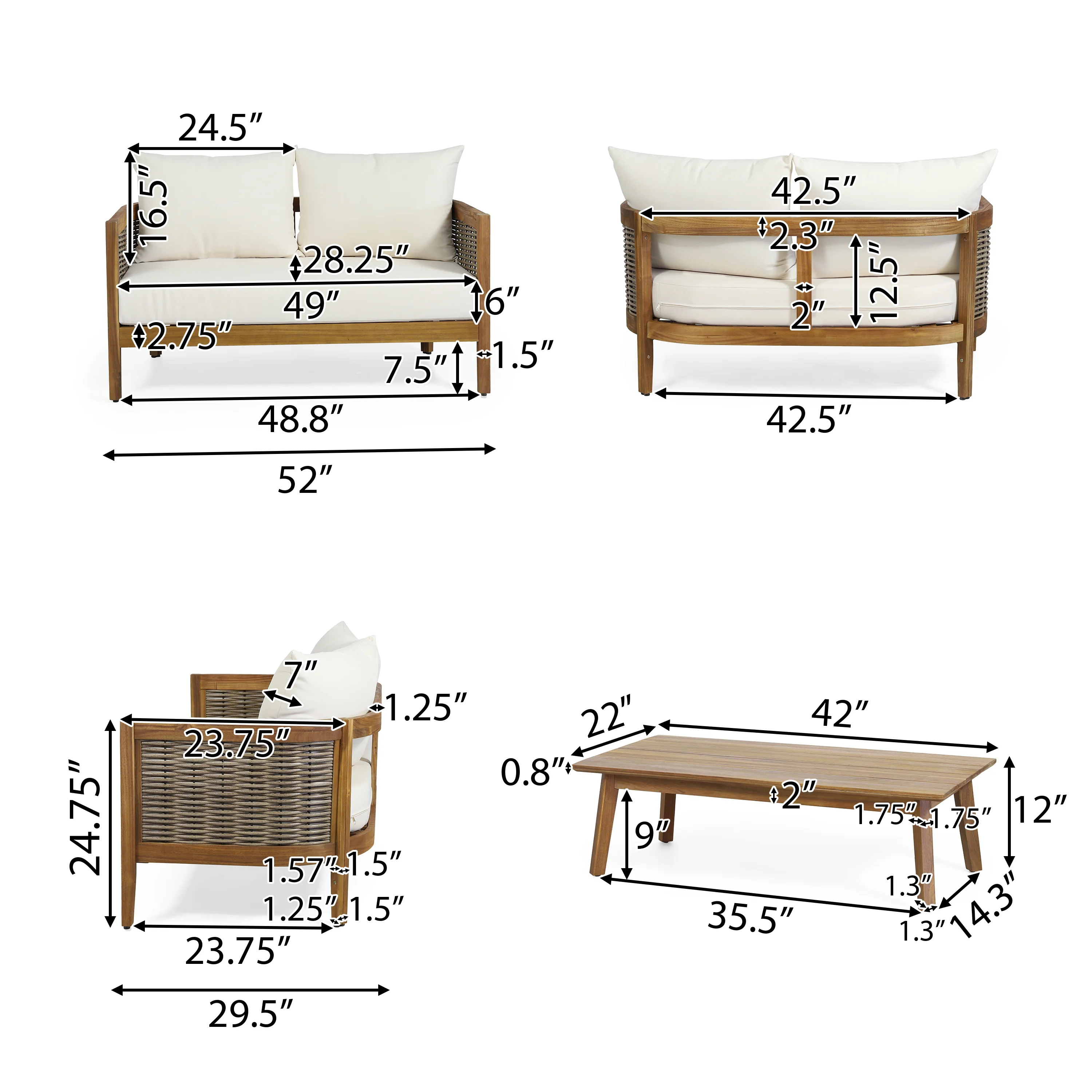 The Crowne Collection Outdoor Acacia Wood 4 Seater Chat Set with Cushions - furnishings