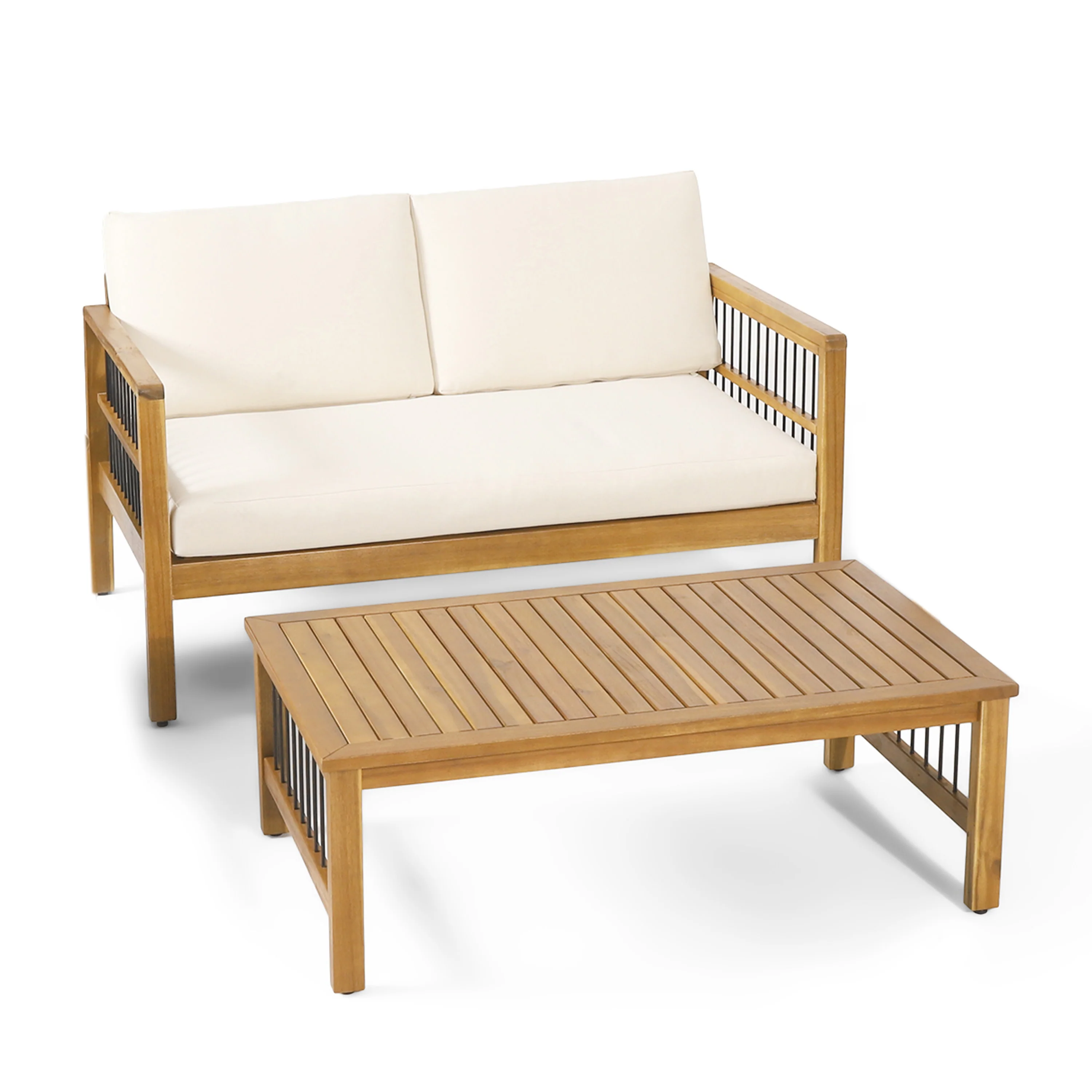 Sagewood Outdoor Acacia Wood and Iron Loveseat and Coffee Table Set with Cushions, Teak, Black, Beige - furnishings
