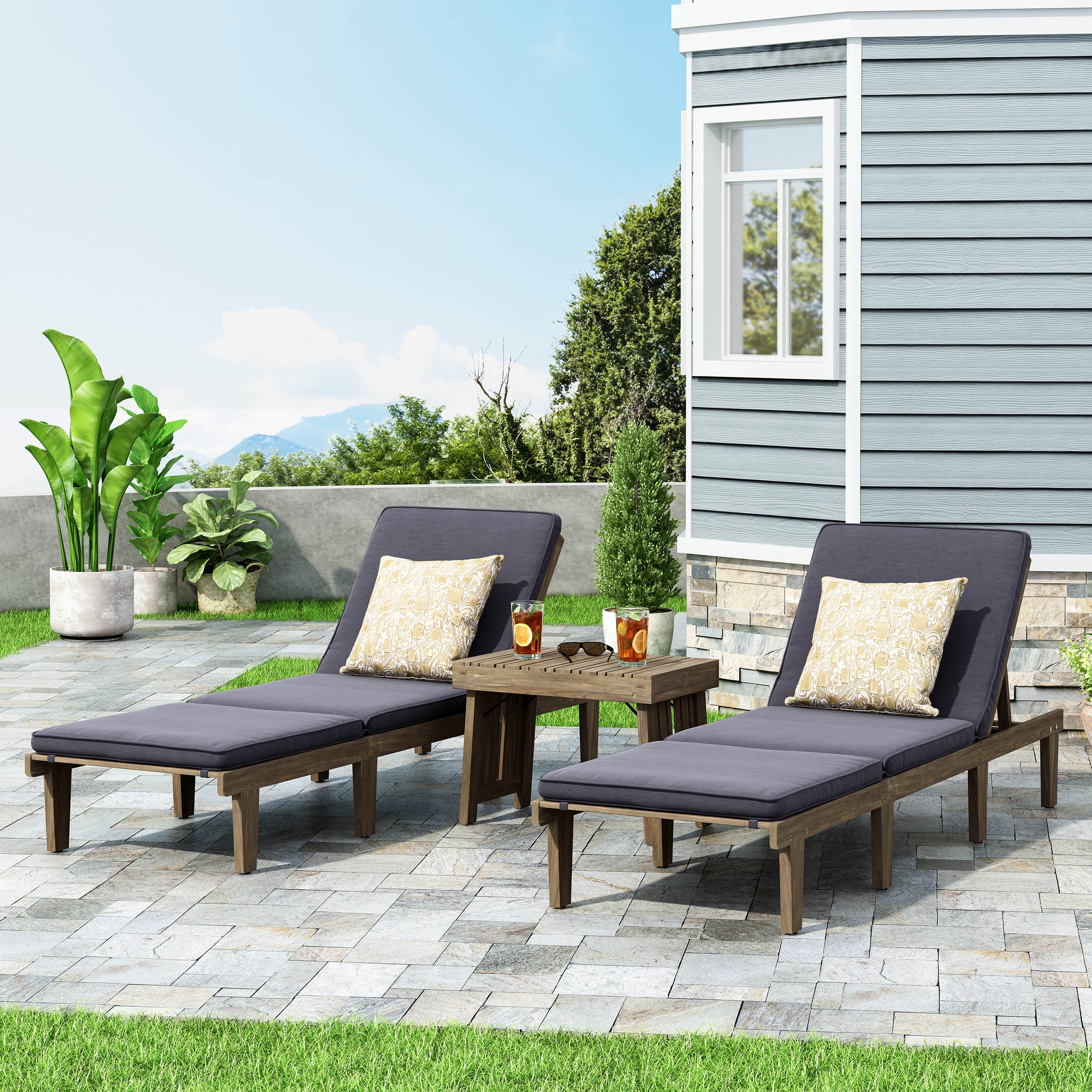 Paolo Outdoor Acacia Wood 3 Piece Chaise Lounge Set with Water-Resistant Cushions - furnishings
