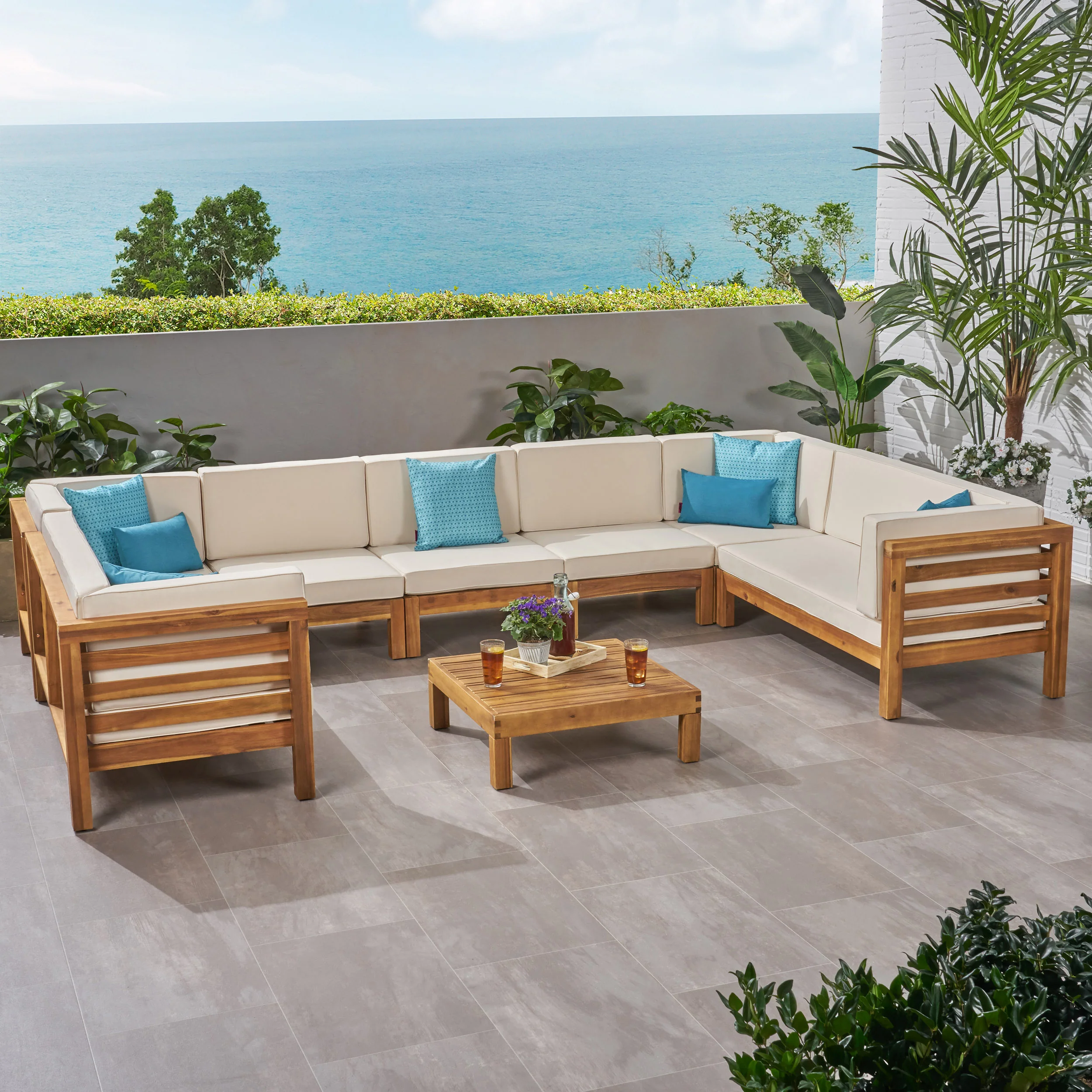 Emma Outdoor 9 Seater Acacia Wood Sectional Sofa Set - furnishings