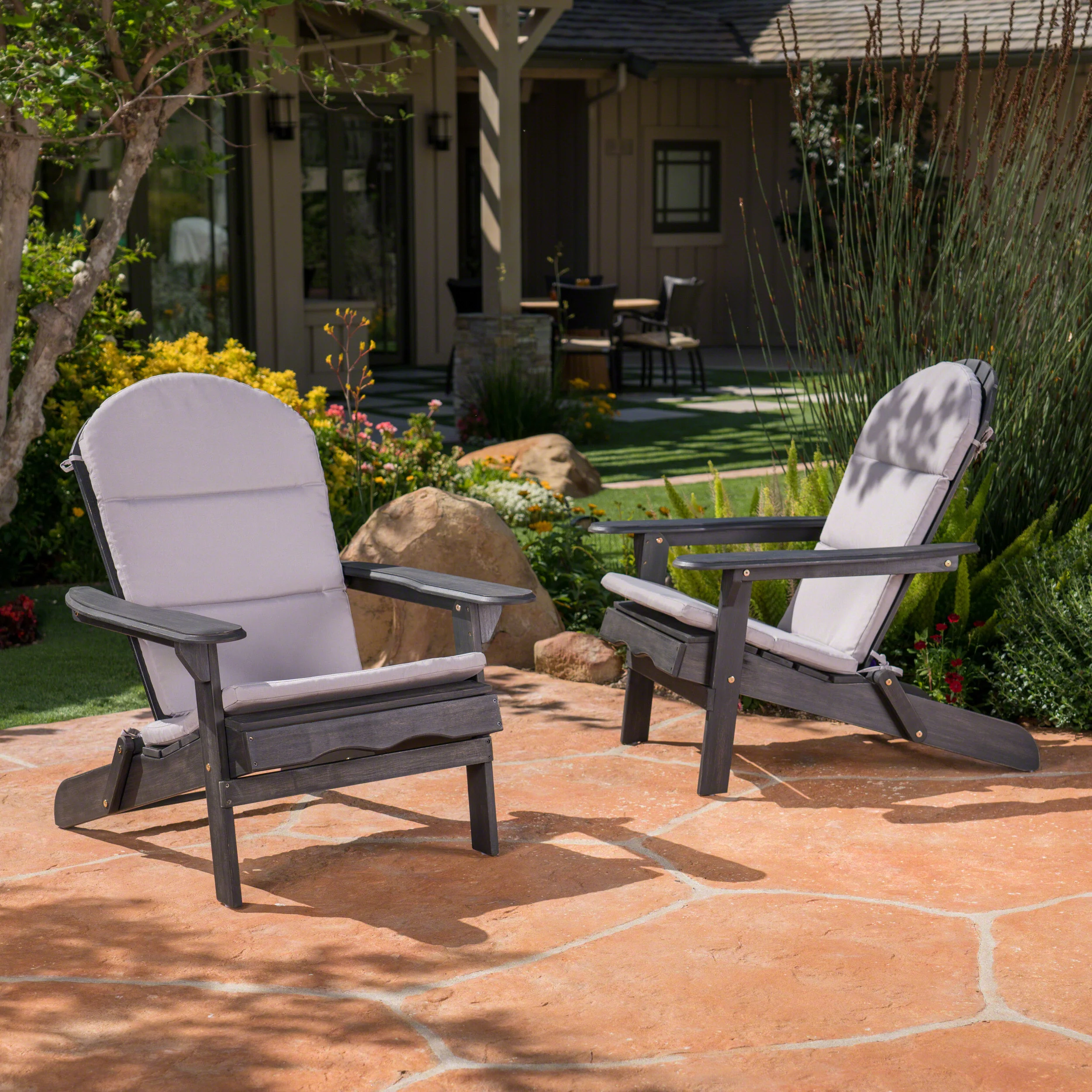 Nelie Outdoor Acacia Wood Folding Adirondack Chairs with Cushions - furnishings