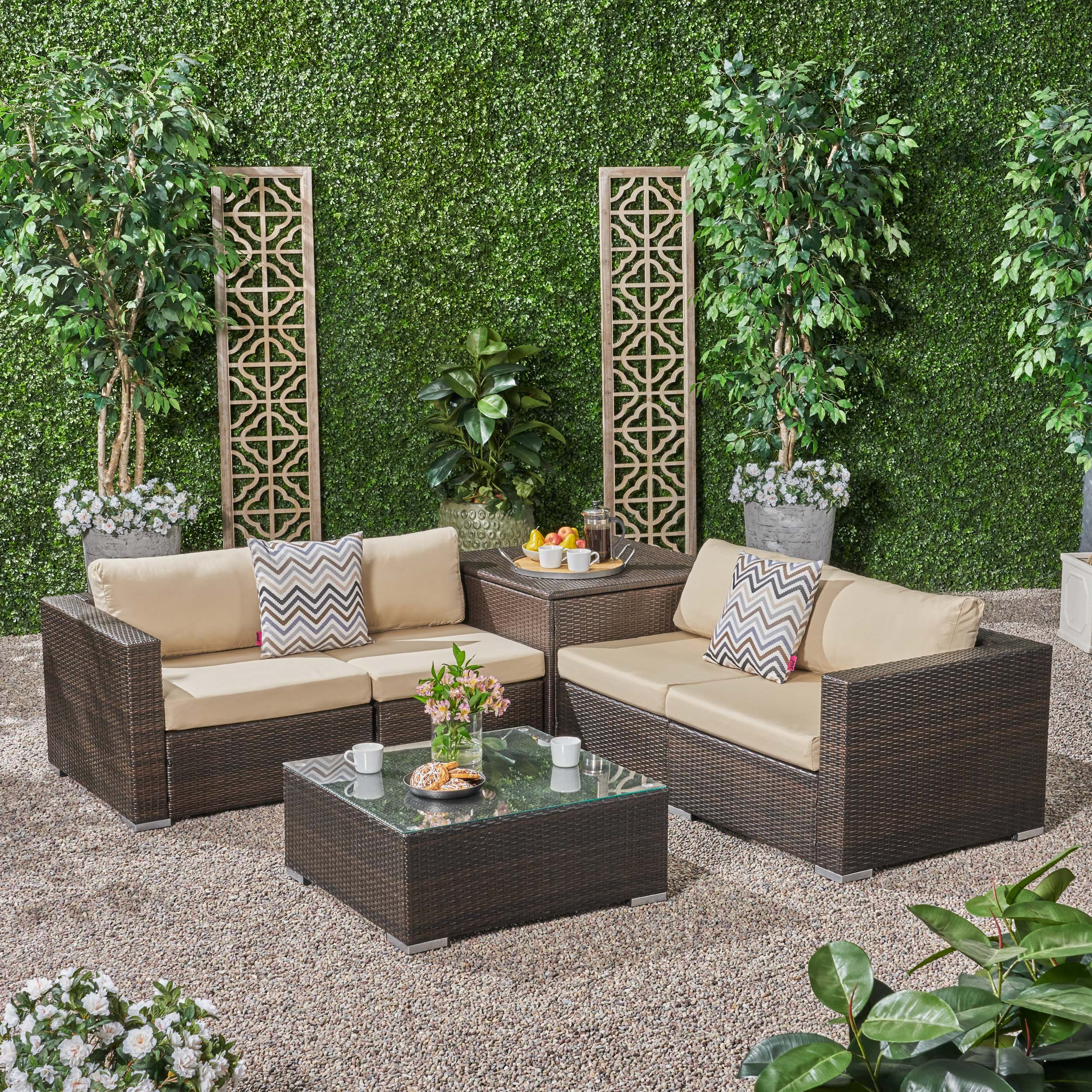 Kyra Outdoor 4 Seater Wicker Sofa Set with Storage Ottoman and Sunbrella Cushions - furnishings