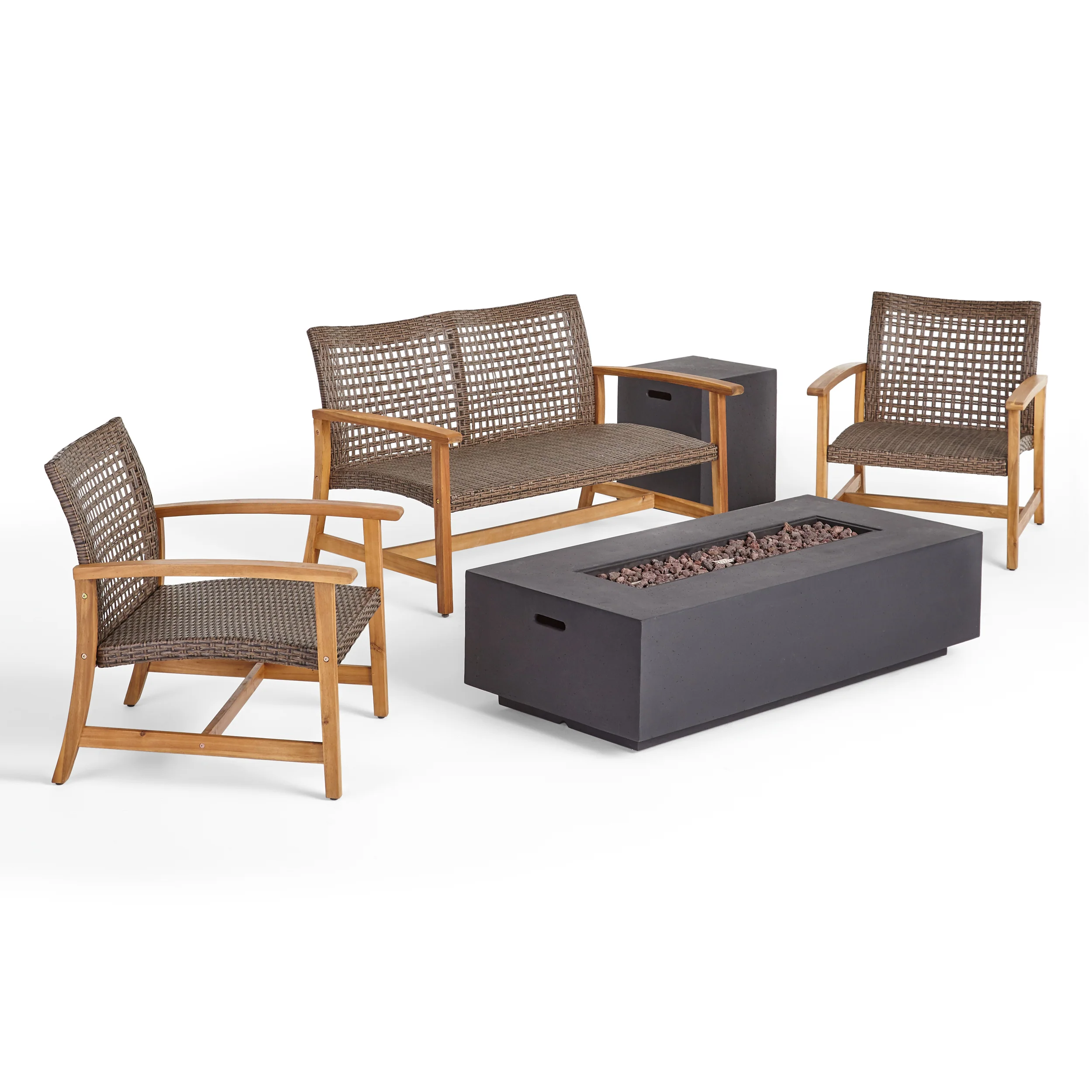 Tabby Outdoor 5 Piece Wood and Wicker Chat Set with Fire Pit - furnishings