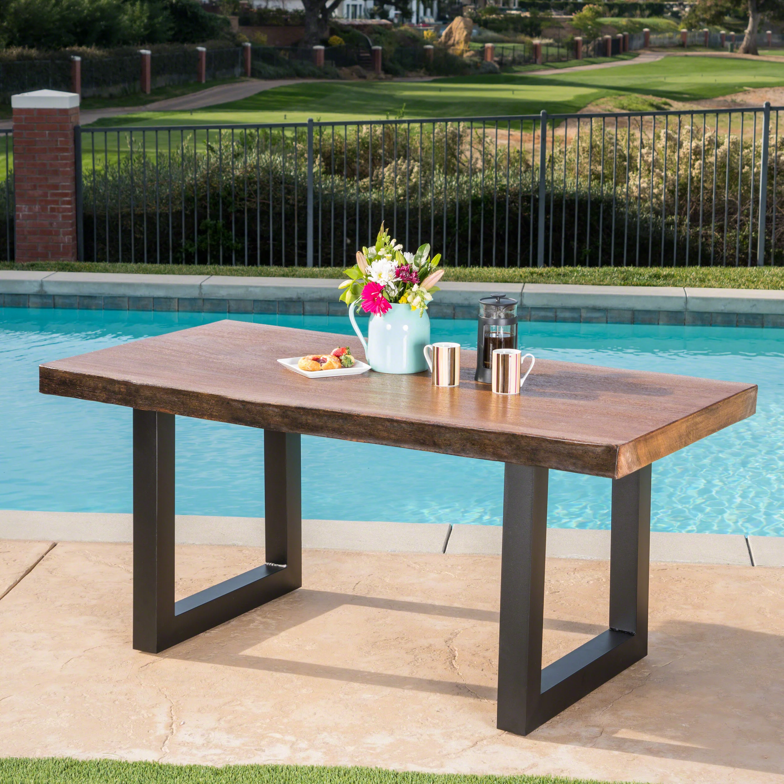 Ishtar Outdoor Faux Live Edge Teak Finish Lightweight Concrete Dining Table - furnishings