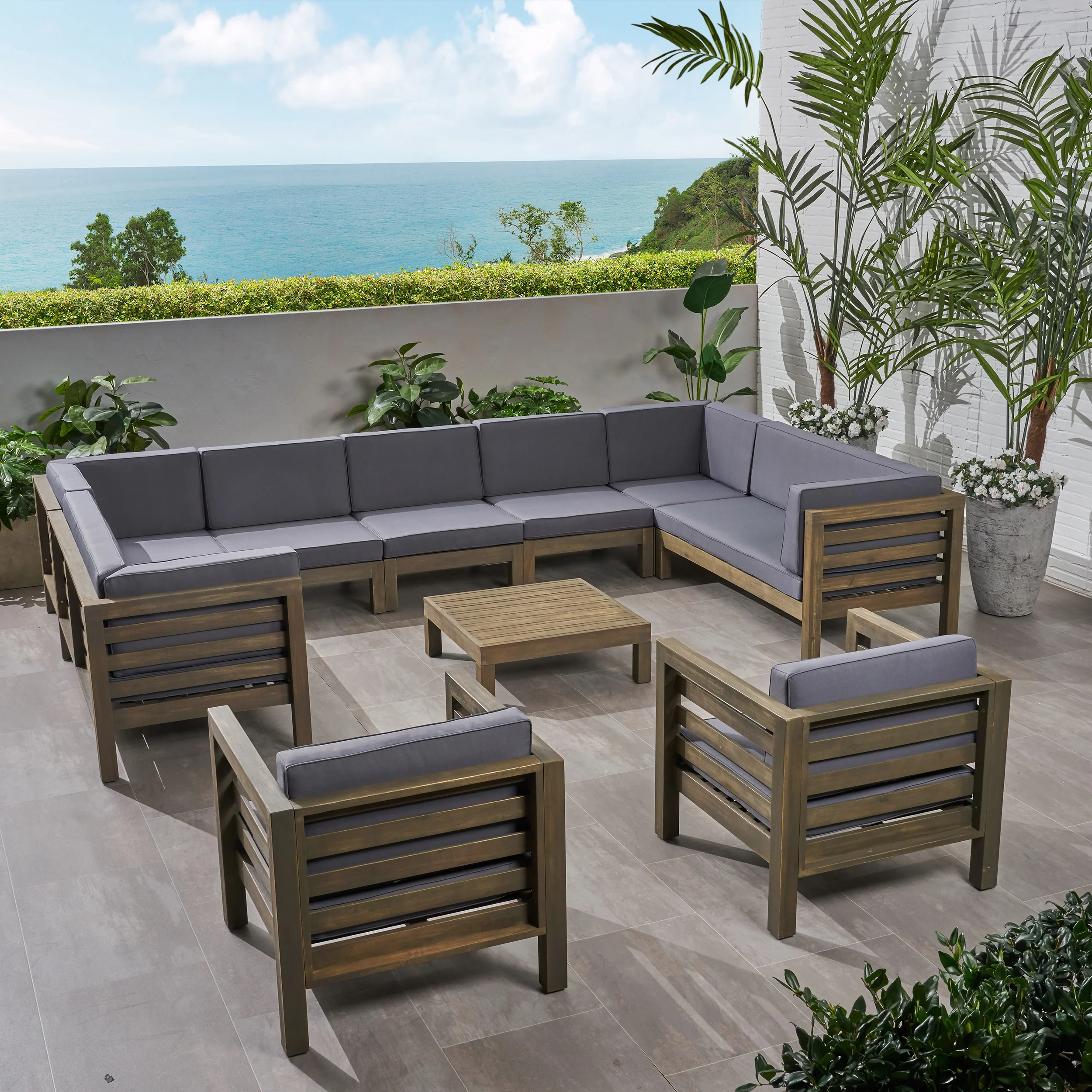 Emma Outdoor 11 Seater Acacia Wood Sectional Sofa and Club Chair Set - furnishings