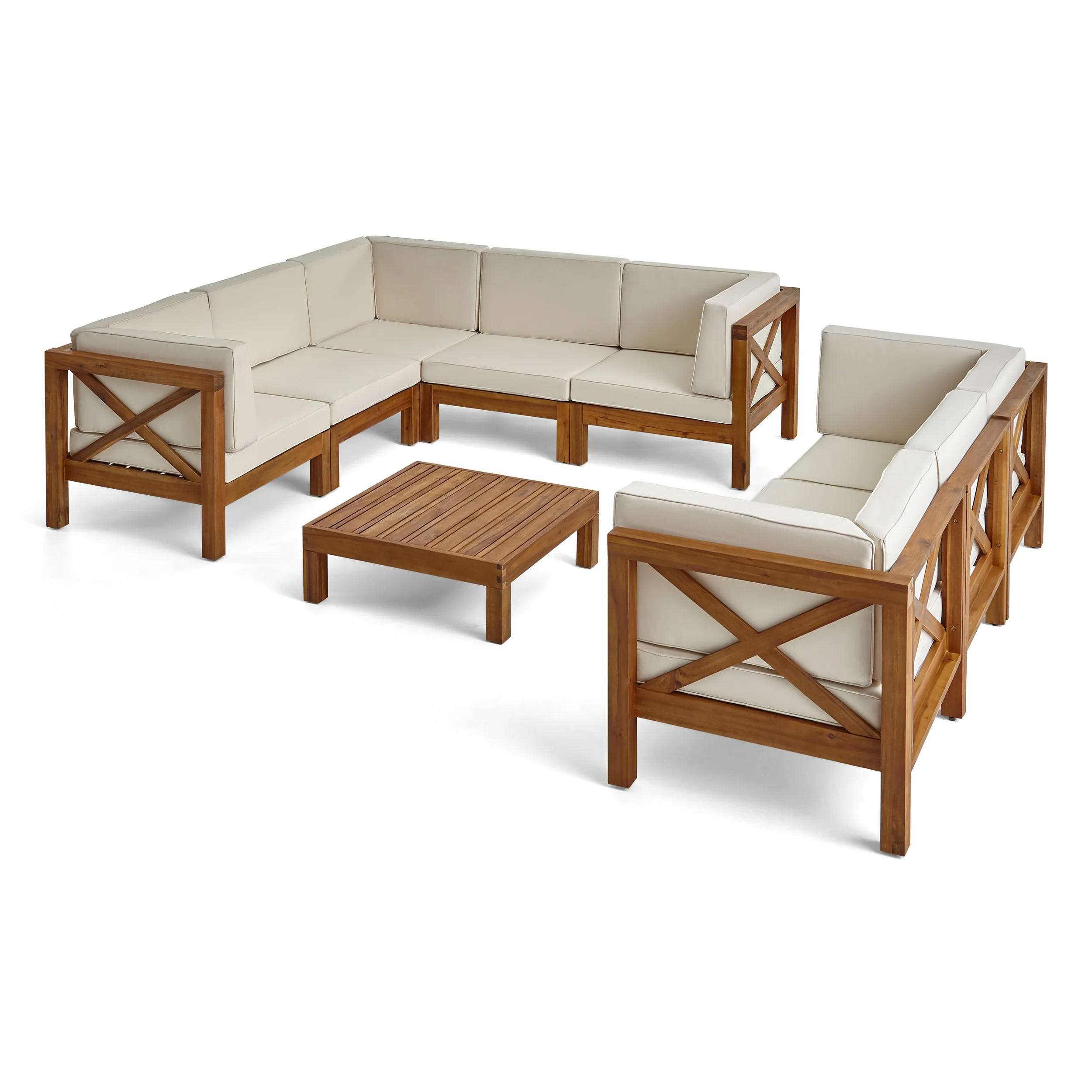 Cynthia Outdoor Acacia Wood 8 Seater Sectional Sofa Set with Coffee Table - furnishings