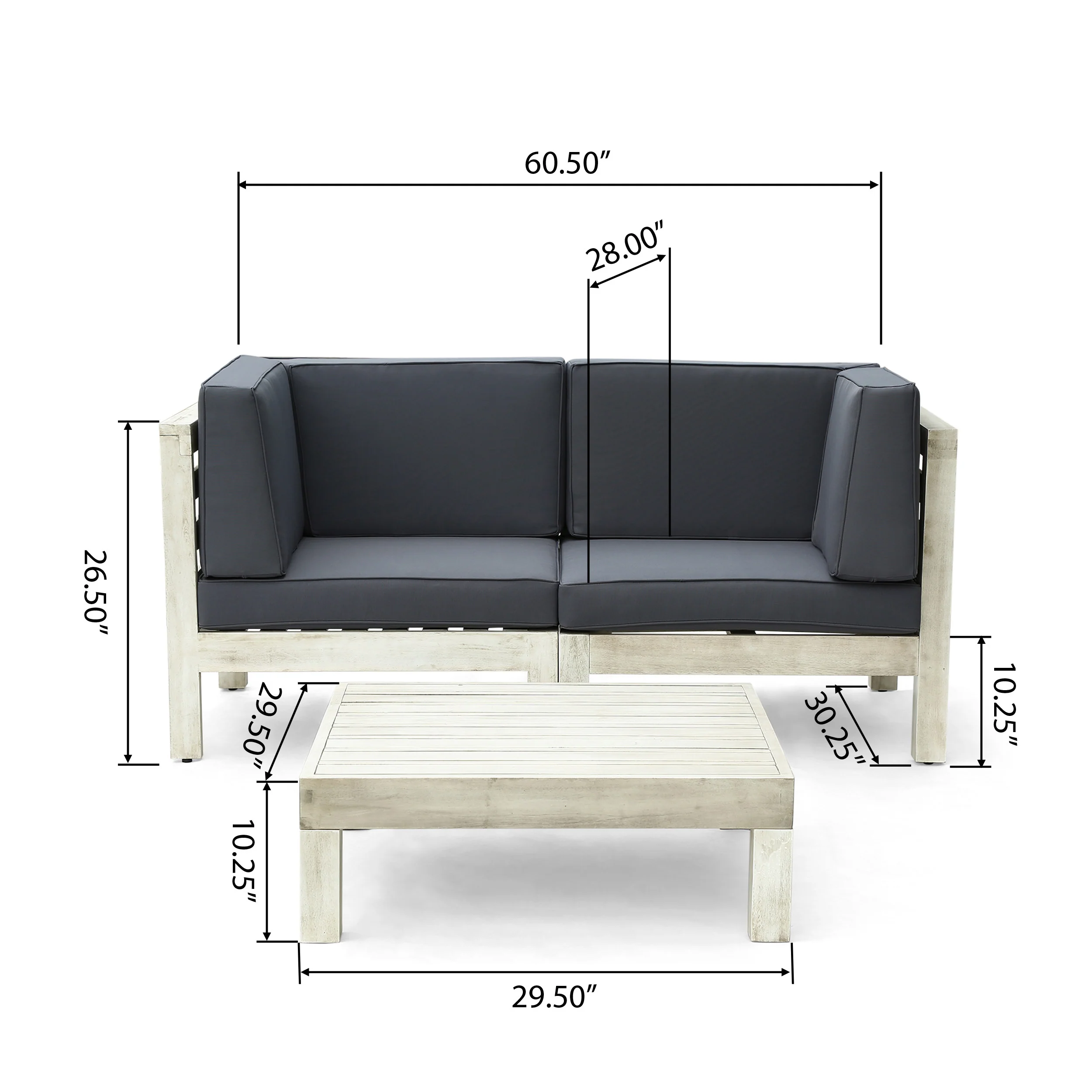 Dawson Outdoor Sectional Love Seat Set with Coffee Table - 3-Piece 2-Seater - Acacia Wood - Outdoor Cushions - furnishings
