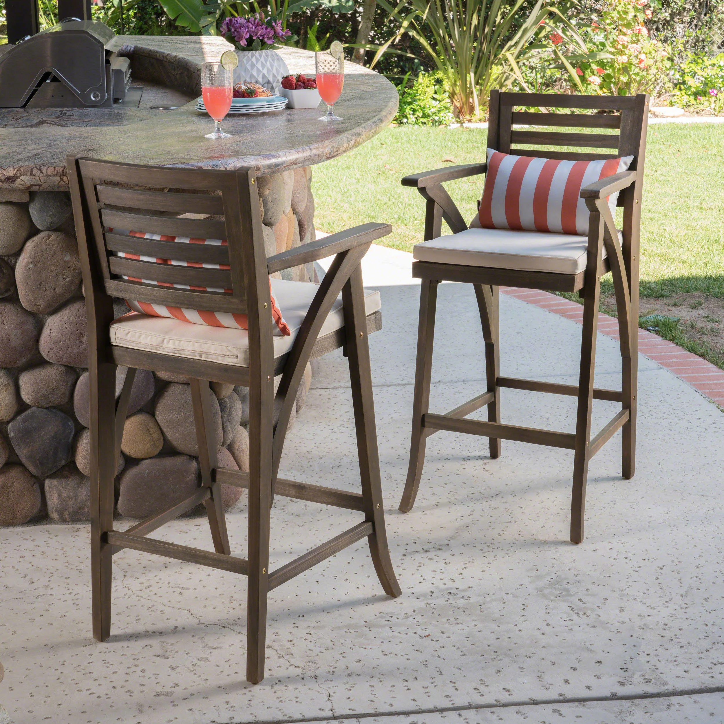 Joye Outdoor Acacia Wood Barstool (Set of 2), Grey with Cream Cushion - furnishings