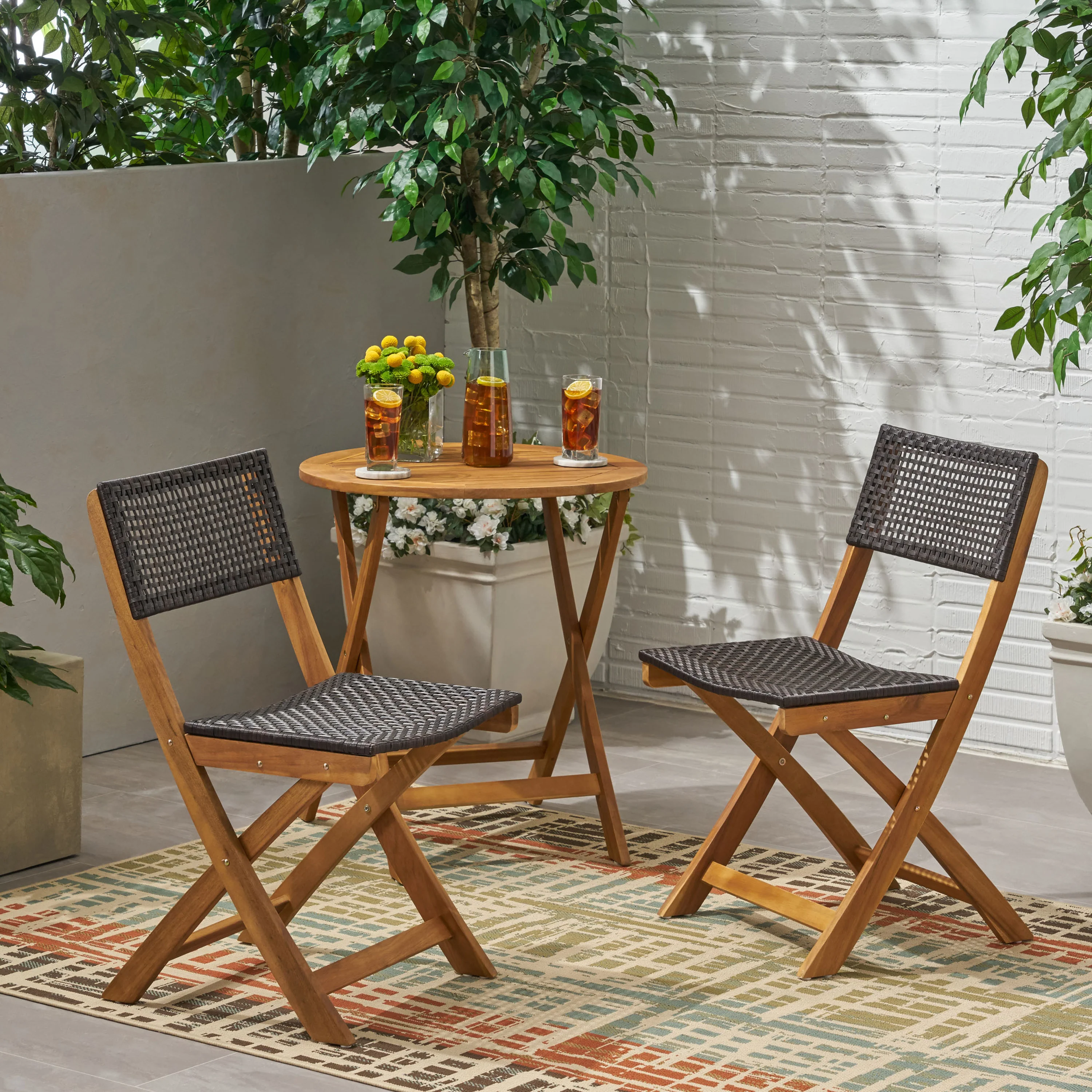 Truda Outdoor Acacia Wood Foldable Bistro Chairs with Wicker Seating (Set of 2) - furnishings