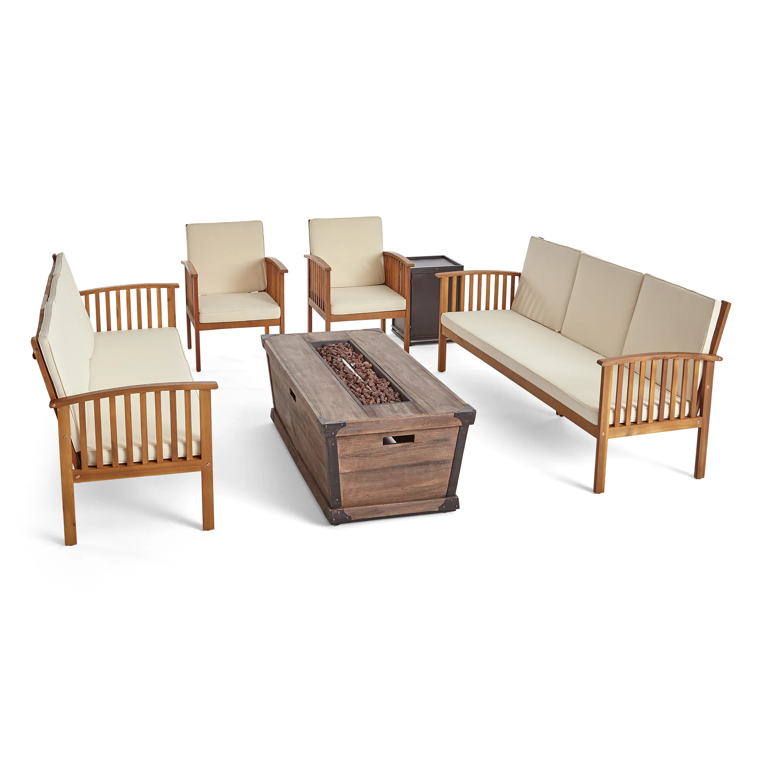 Beckley Outdoor 4 Piece Acacia Wood Conversational Sofa Set with Cushions and Fire Pit - furnishings