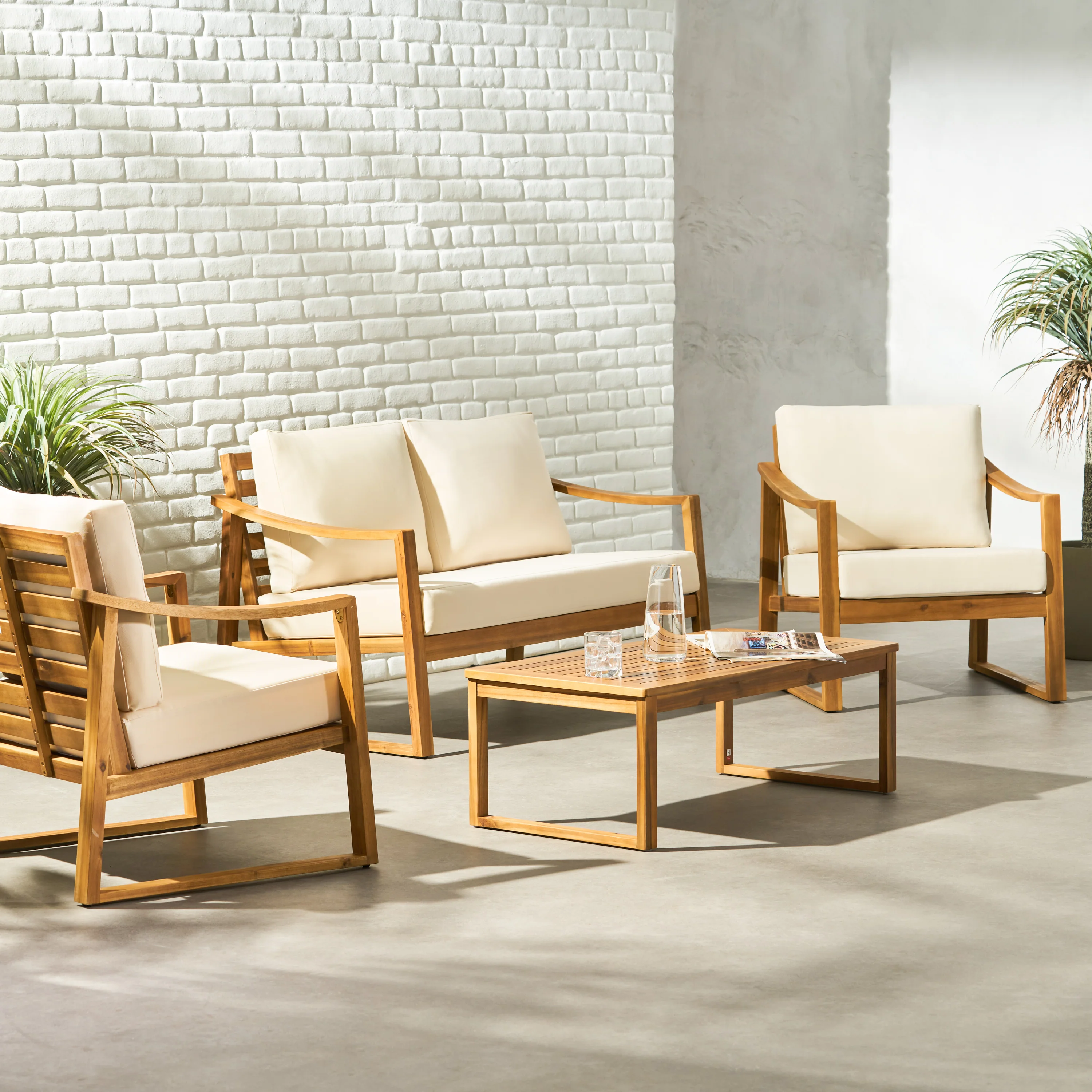 Johnlucas Outdoor 4 Seater Acacia Wood Chat Set with Water Resistant Cushions - furnishings
