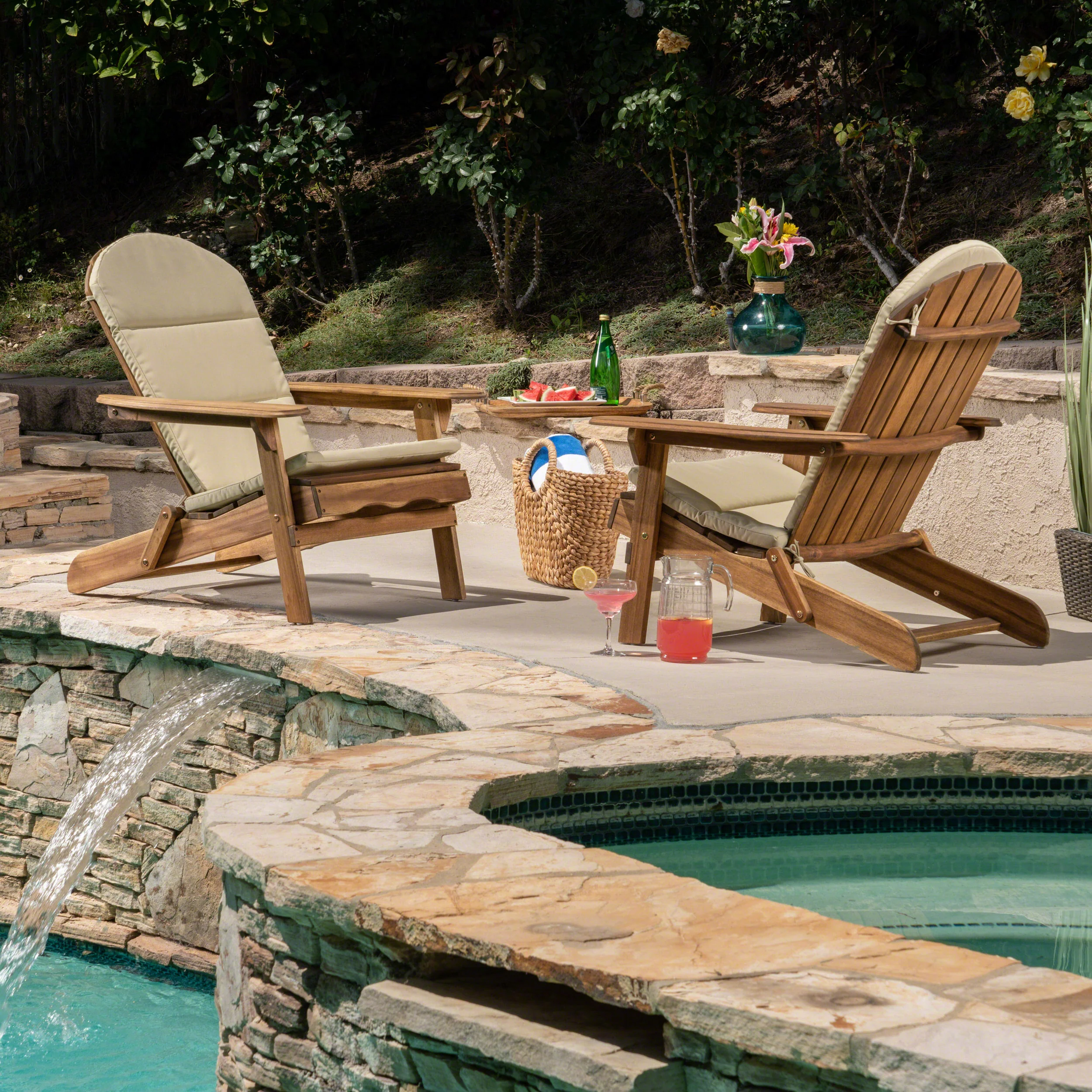 Amenda Outdoor Acacia Wood Folding Adirondack Chairs with Cushions - furnishings