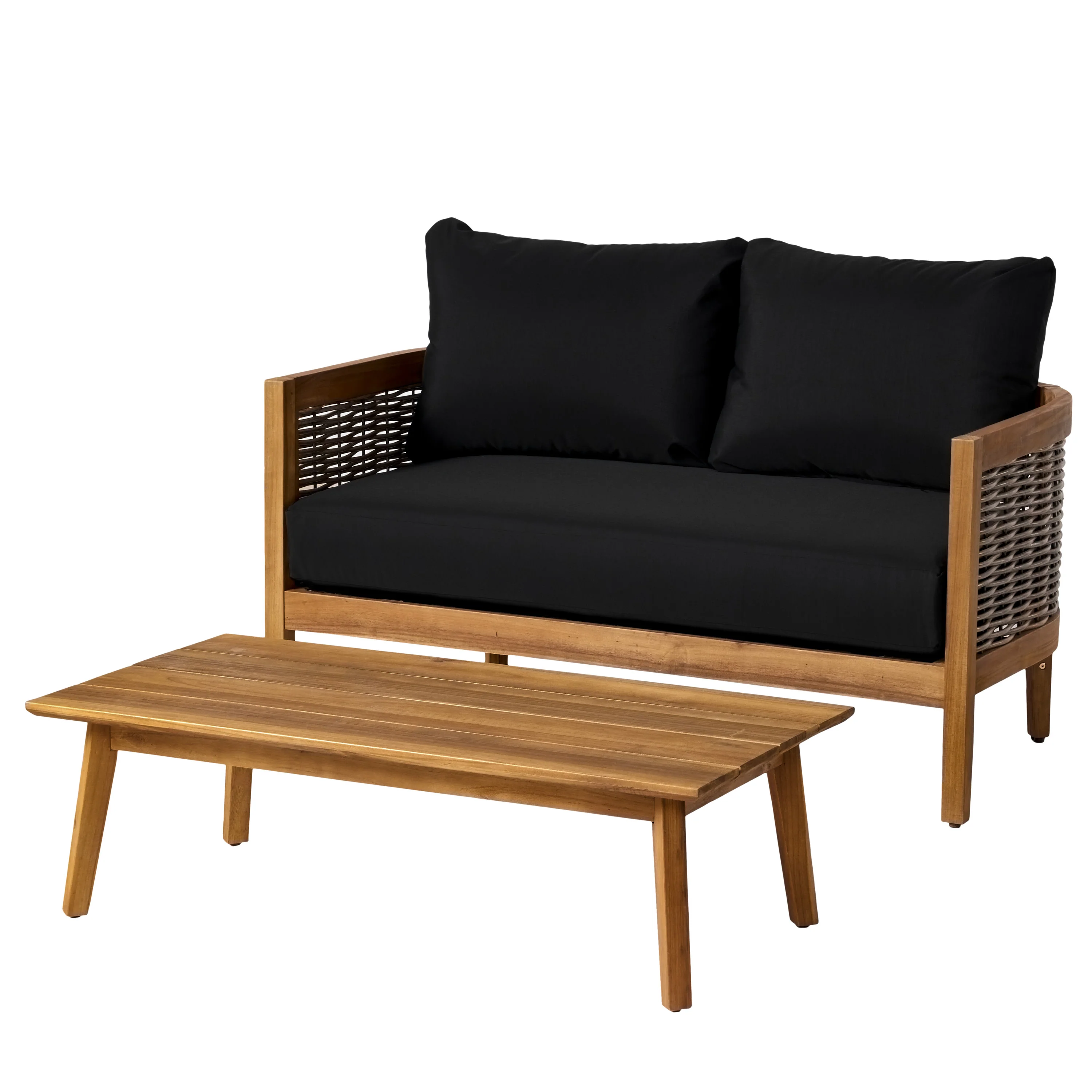 The Crowne Collection Outdoor Acacia Wood and Wicker Loveseat and Coffee Table Set with Sunbrella Cushions - furnishings