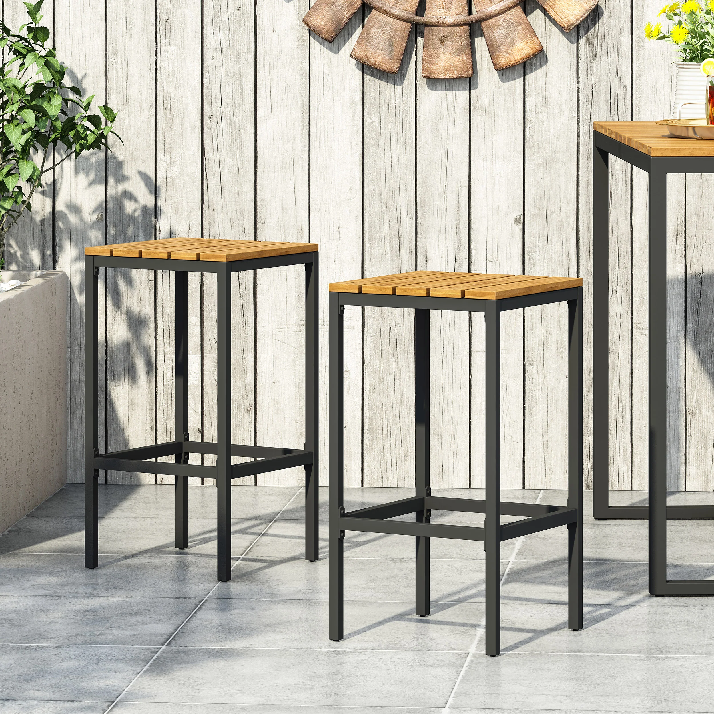 Arath Outdoor Modern Industrial Acacia Wood Bar Stools (Set of 2) - furnishings