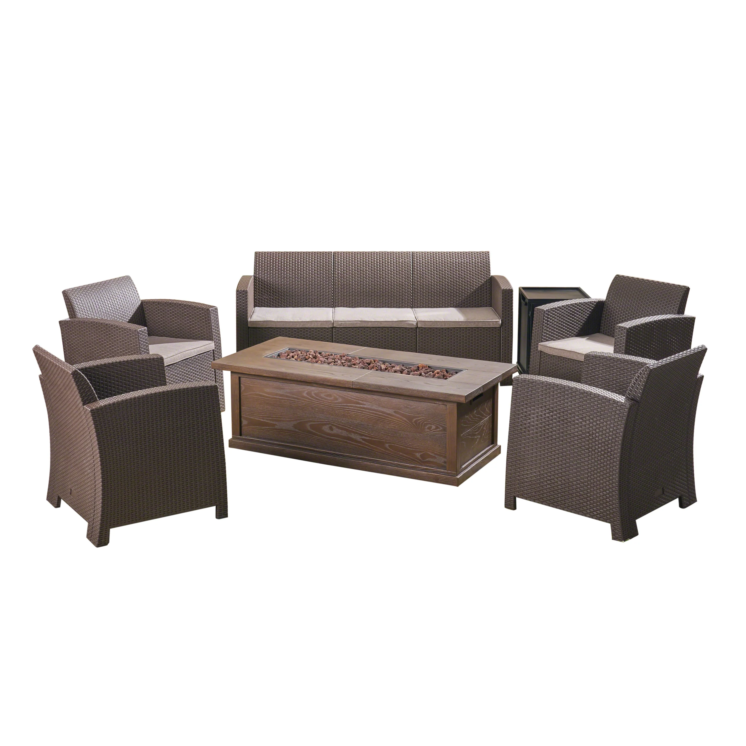 Melik Outdoor 7-Seater Wicker Print Chat Set with Fire Pit and Tank Holder - furnishings