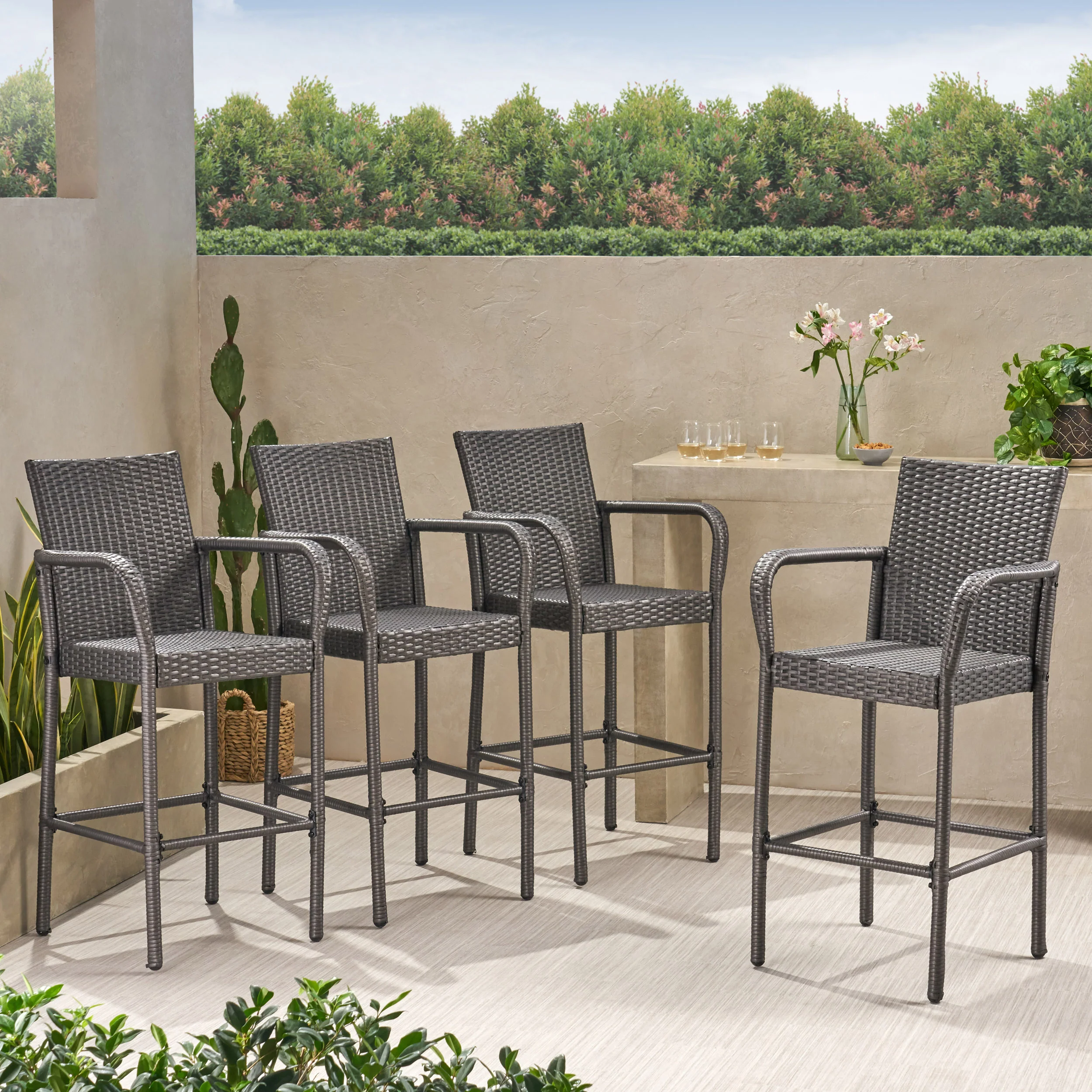 Dunedin Outdoor Coastal Wicker Backed Barstools with Arms - furnishings