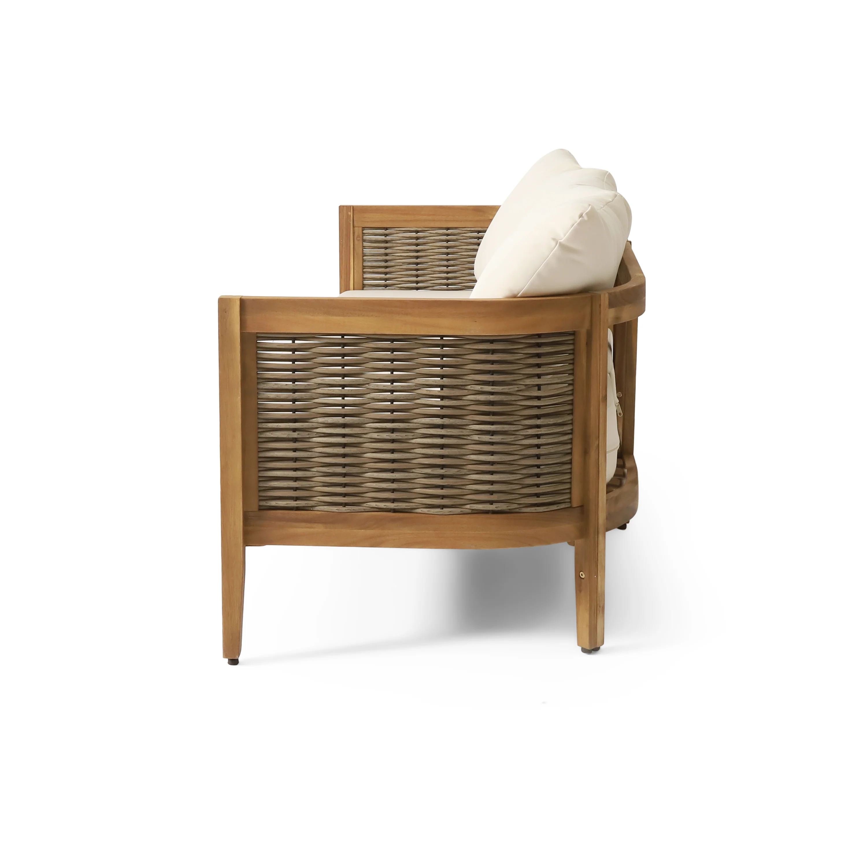 The Crowne Collection Outdoor Acacia Wood and Round Wicker 3 Seater Sofa with Cushions, Teak, Mixed Brown, and Beige - furnishings