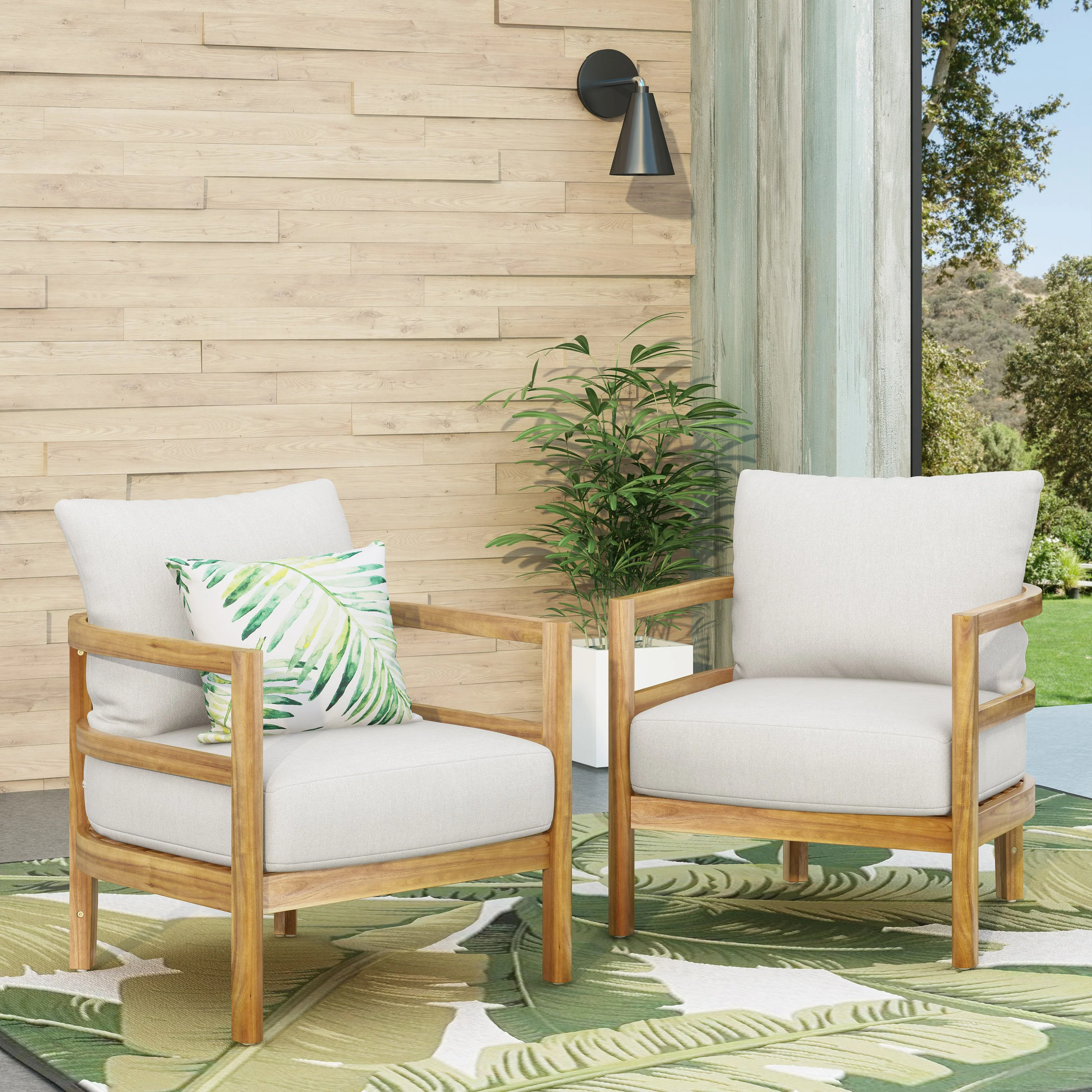 Aggie Outdoor Acacia Wood Club Chair with Cushion, Set of 2, Teak and White - furnishings