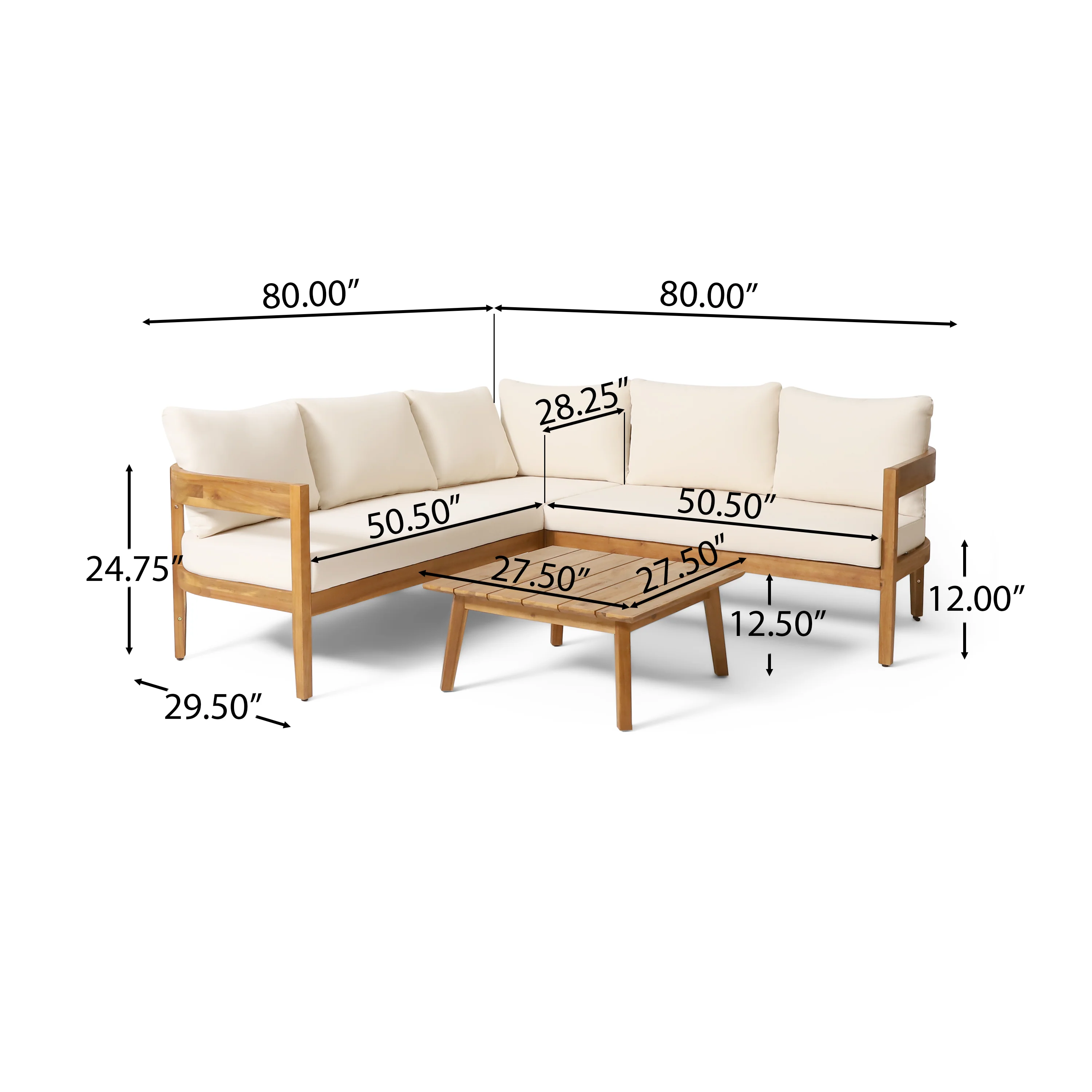Brooklyn Outdoor Acacia Wood 5 Seater Sectional Sofa Chat Set with Cushions, Teak and Beige - furnishings