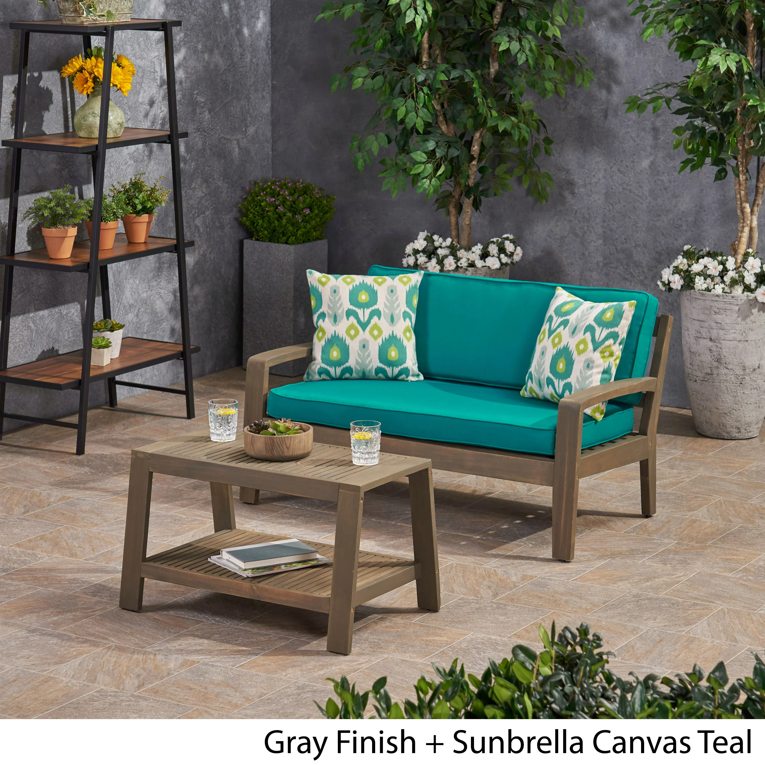 Parma Outdoor Acacia Wood Loveseat and Coffee Table Set with Sunbrella Cushions - furnishings