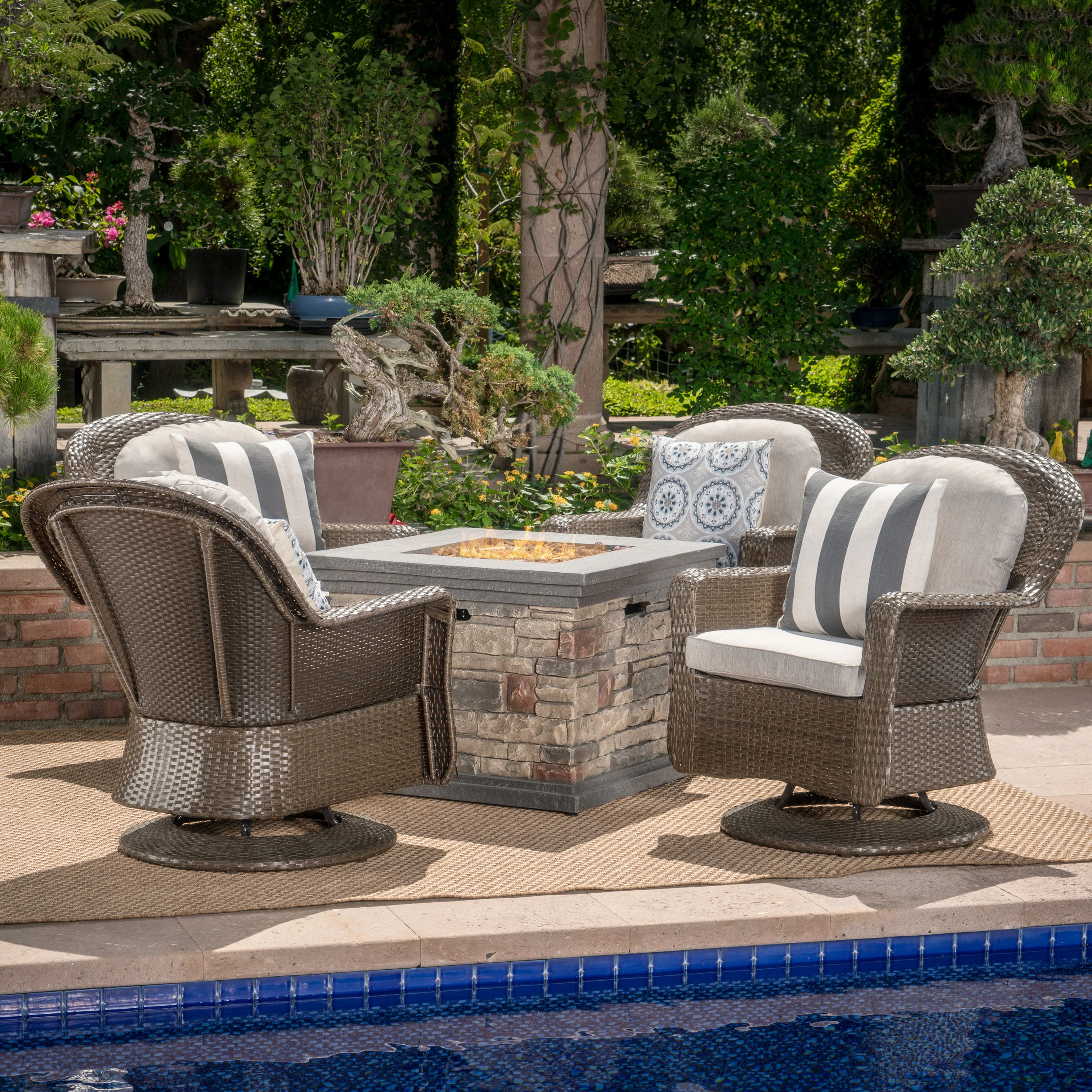 Dunlevy Outdoor 5 Piece Fire Pit Wicker Chat Set - furnishings