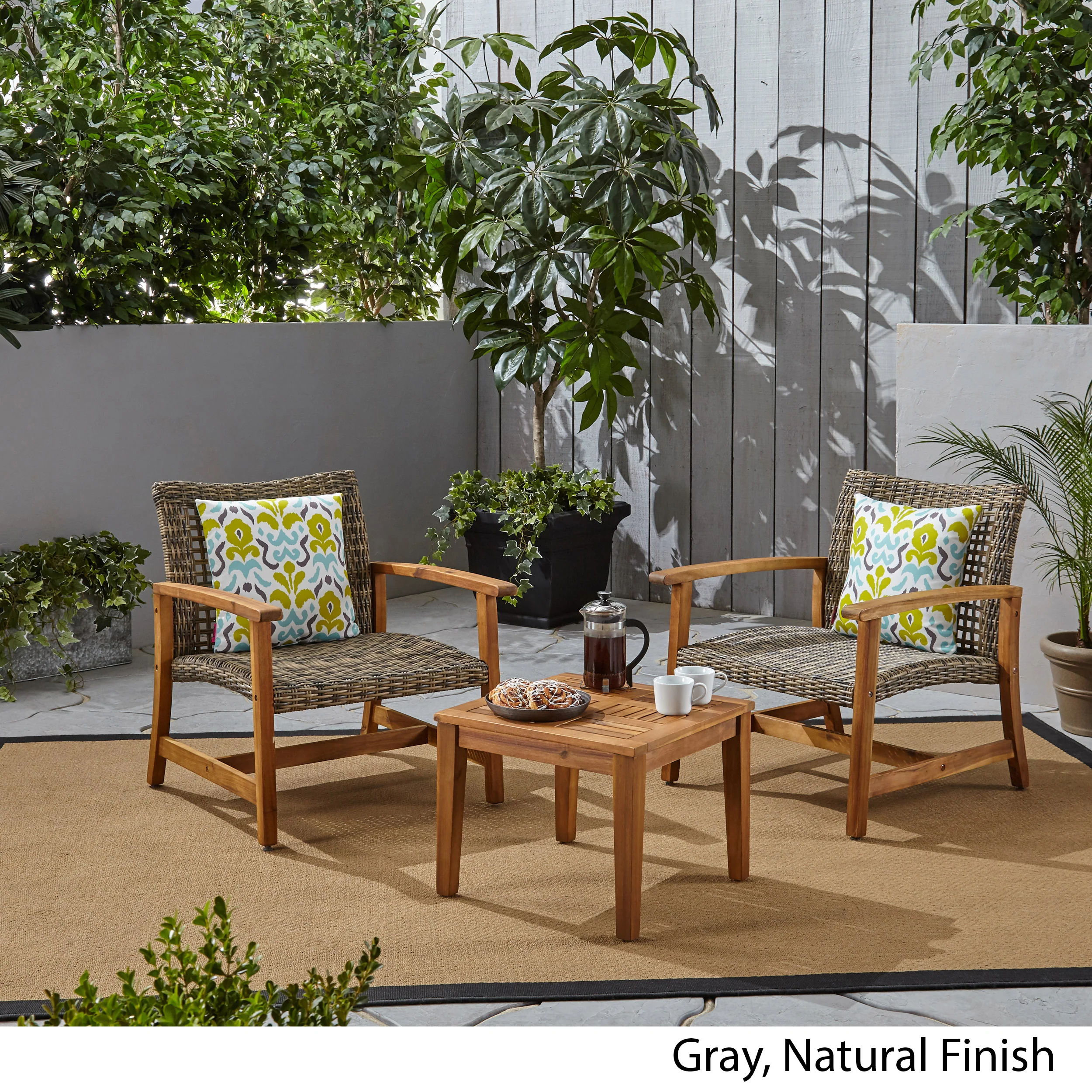 Alyssa Outdoor 3 Piece Wood and Wicker Club Chairs and Side Table Set - furnishings
