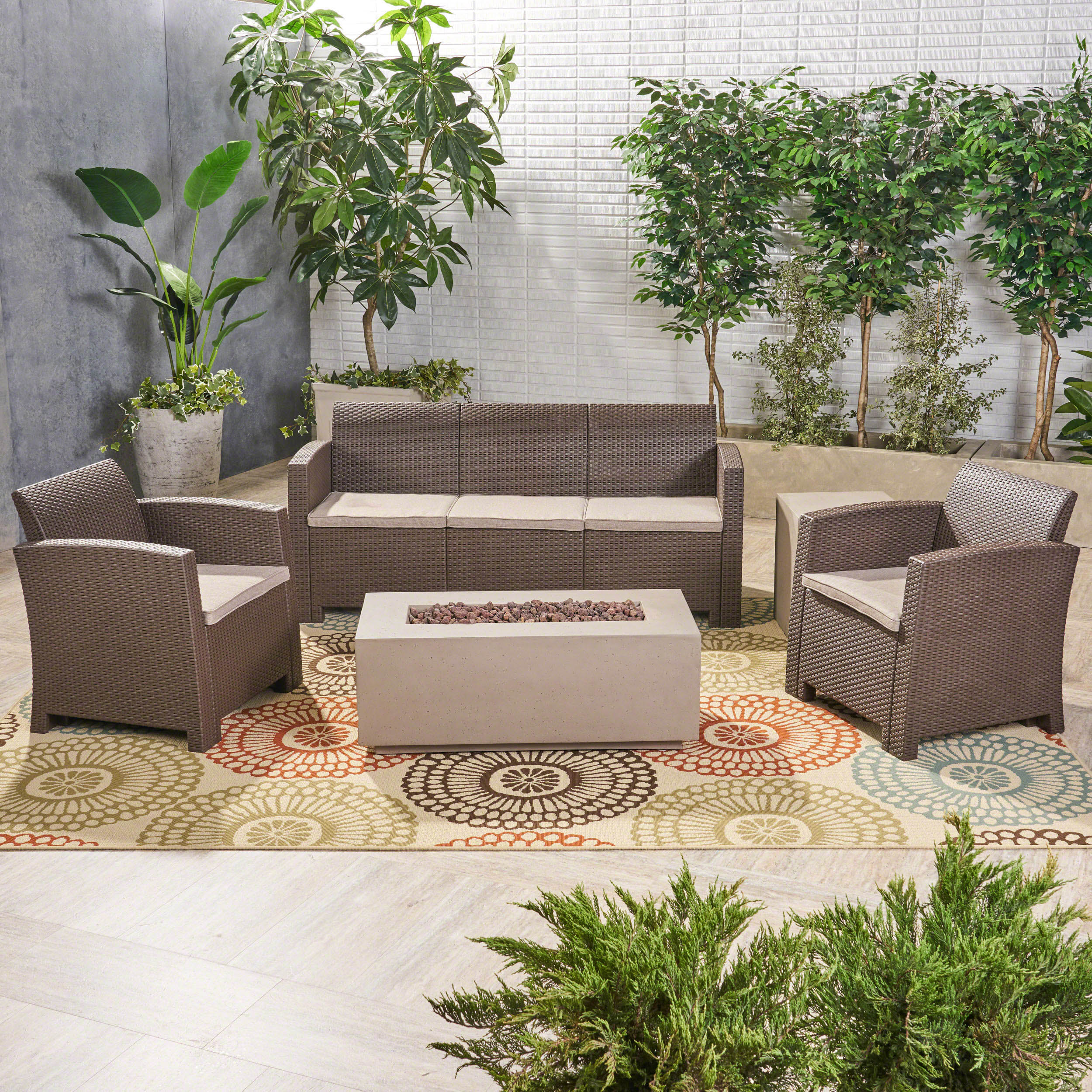 Clay Outdoor 5-Seater Wicker Print Chat Set with Fire Pit and Tank Holder - furnishings