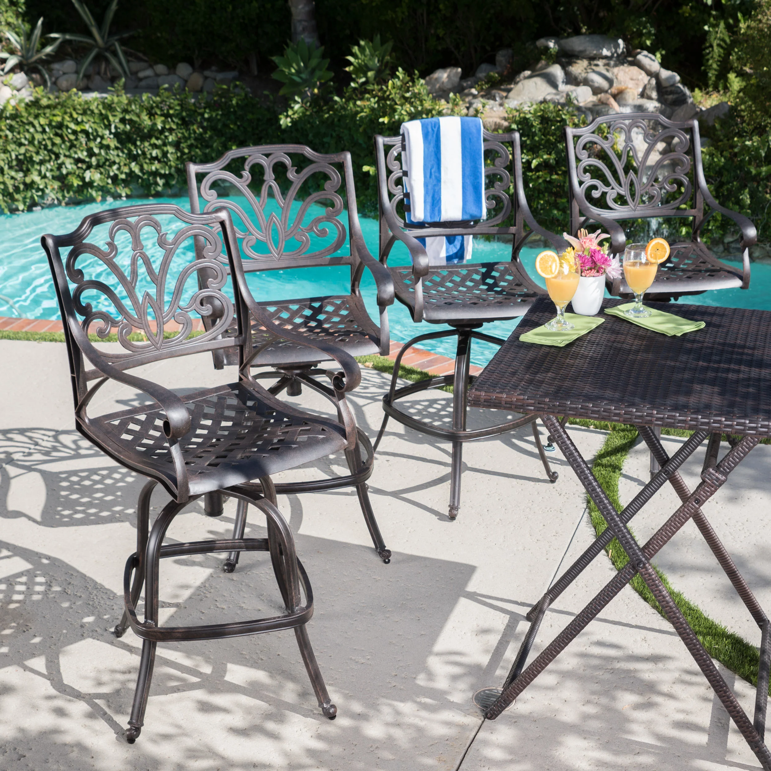 Calandra 30-Inch Outdoor Bronze Finished Cast Aluminum Barstools - furnishings
